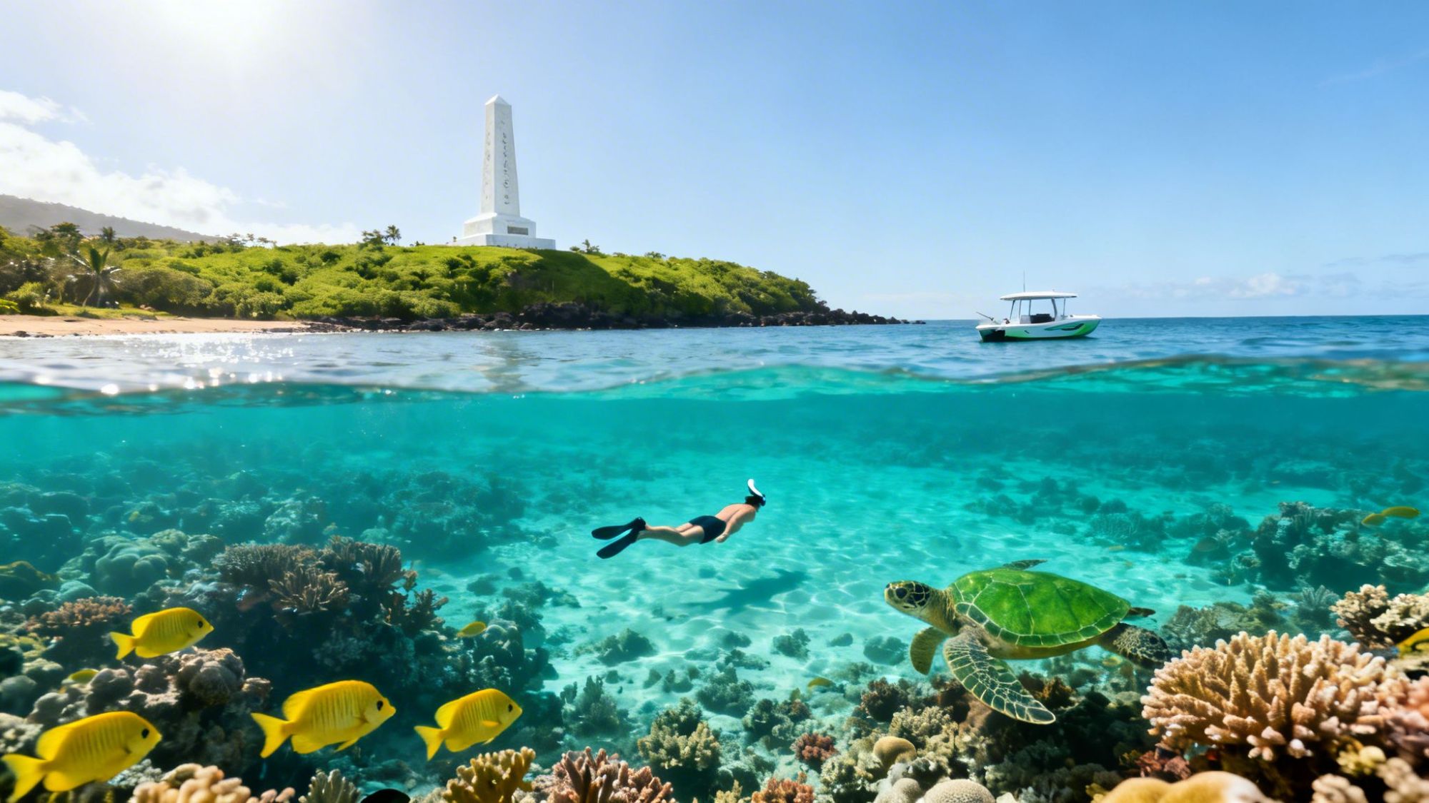 Snorkeler swimming near coral reef with sea turtle and yellow fish; monument and boat visible above water.