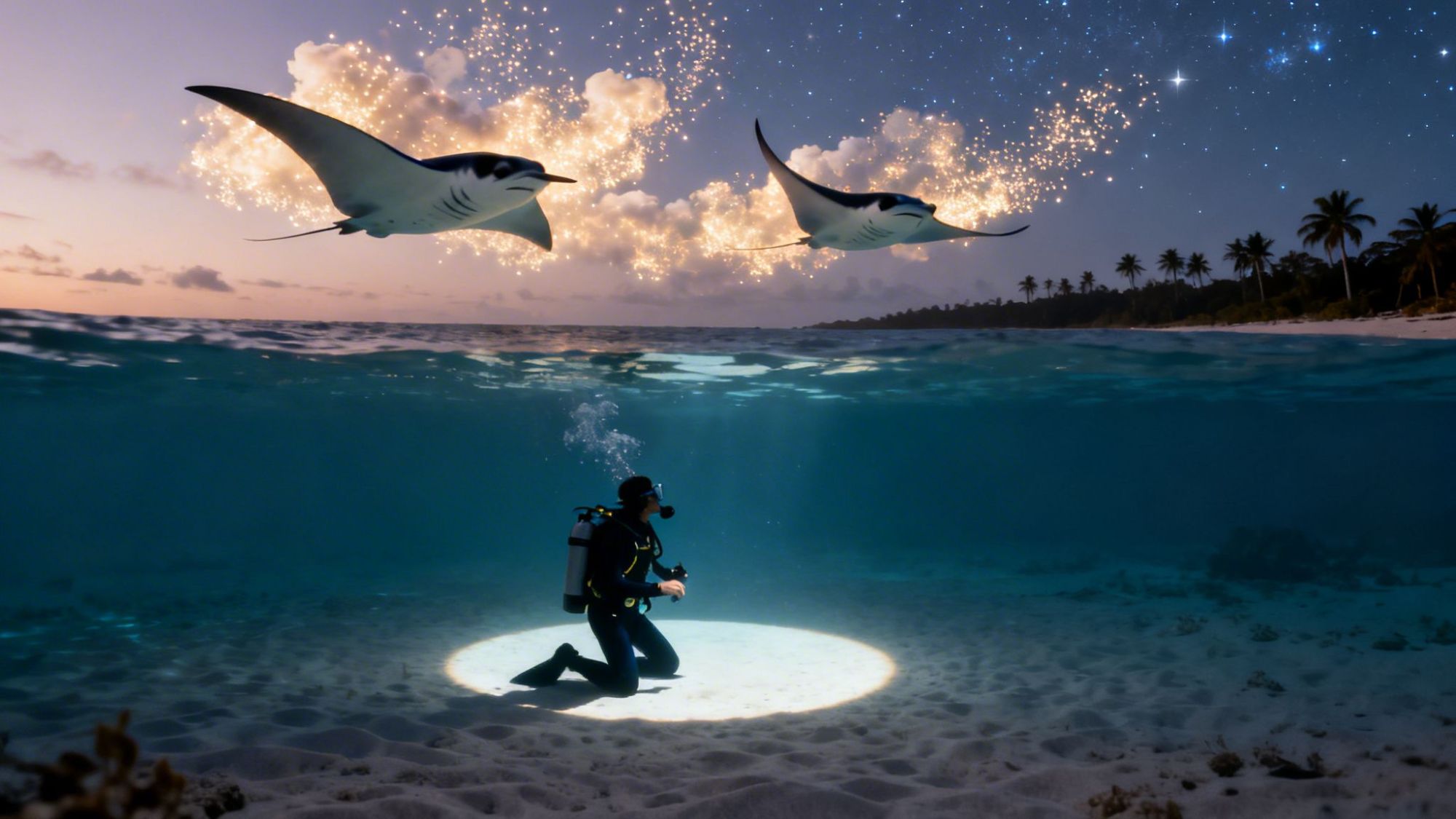 Diver kneels underwater, two rays above in sky with stars, fireworks. Scenic night beach in background.