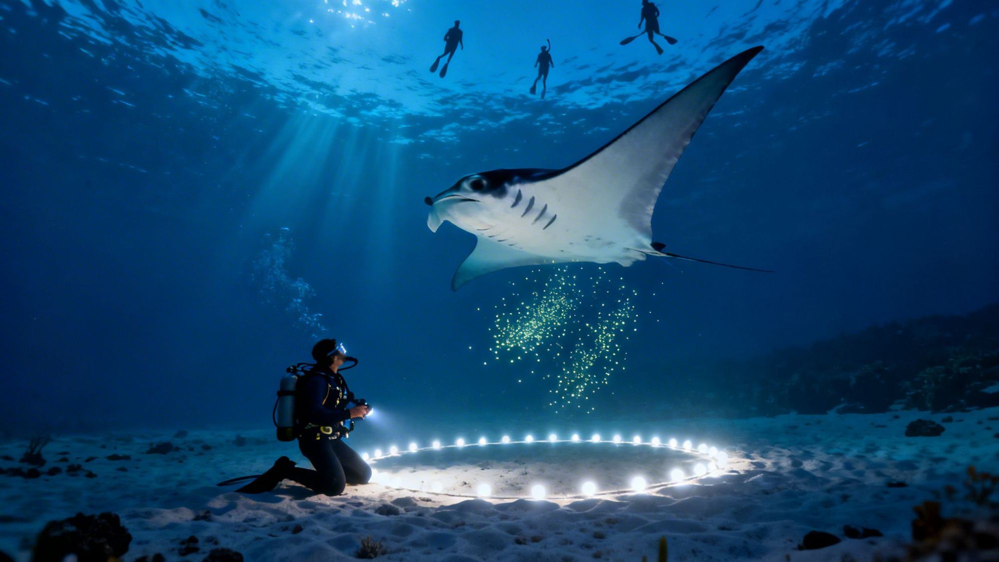 Diver photographing a manta ray above a circle of lights with snorkelers overhead.