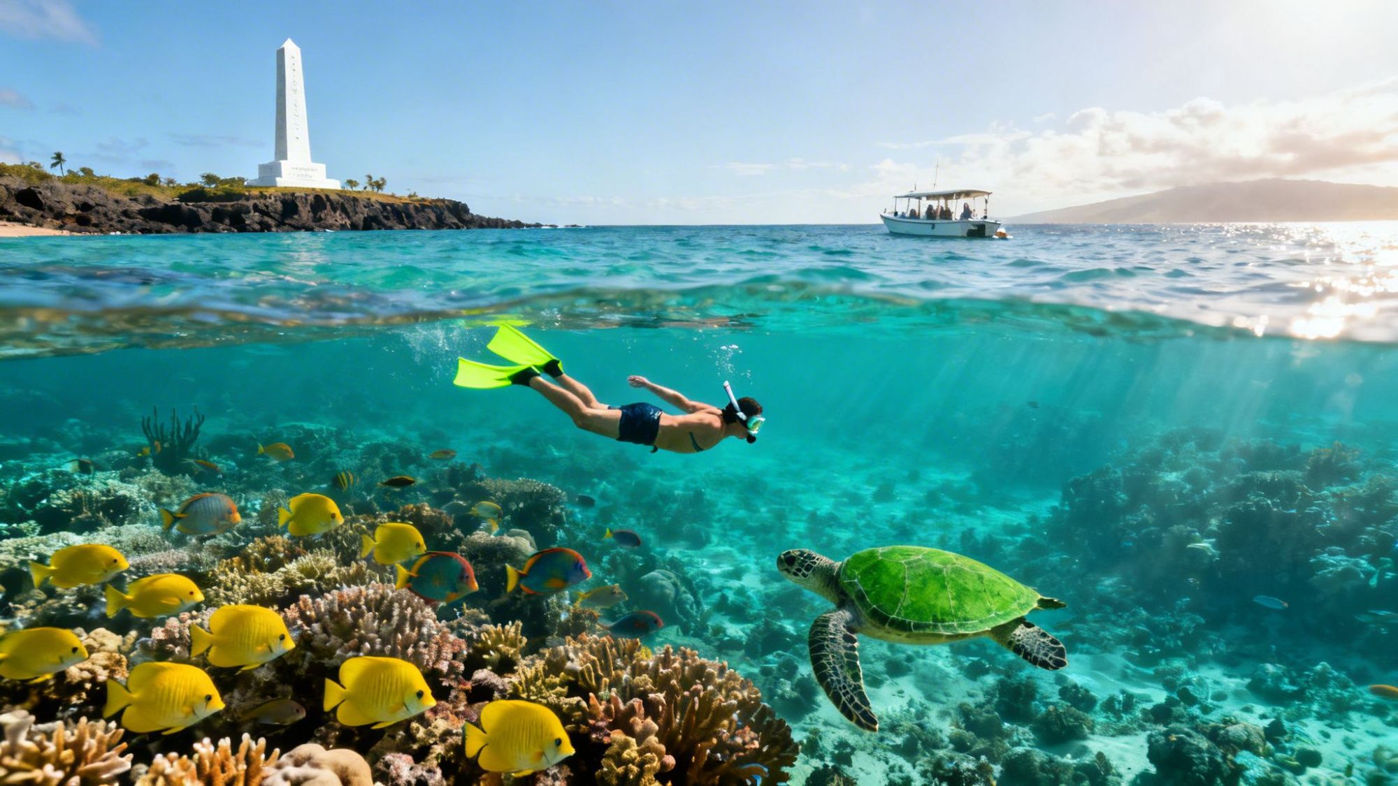 Person snorkeling over coral reef with fish and turtle, near monument and boat in the background.
