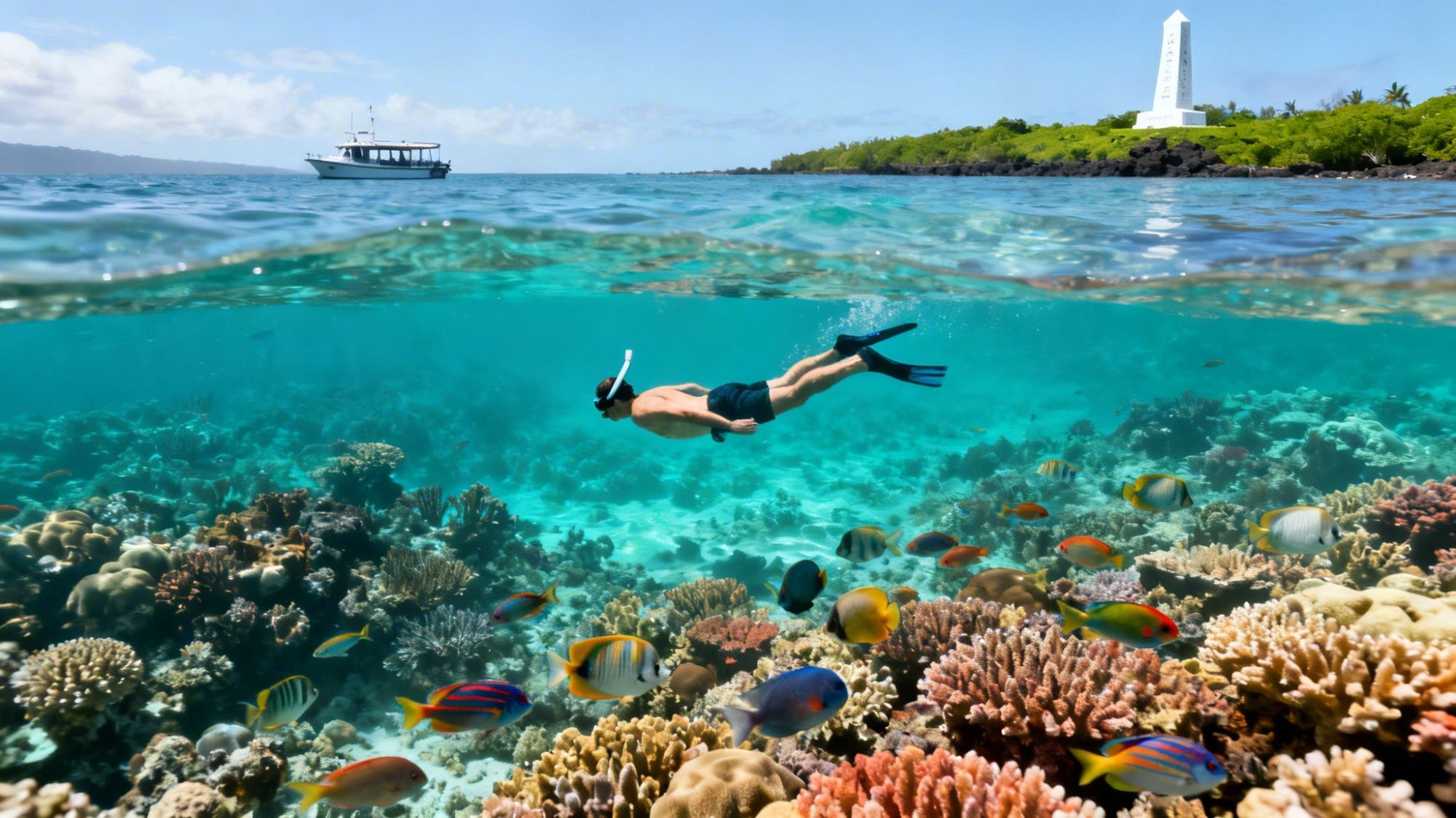 Snorkeler swimming over colorful coral reef with fish, boat, and monument in background.