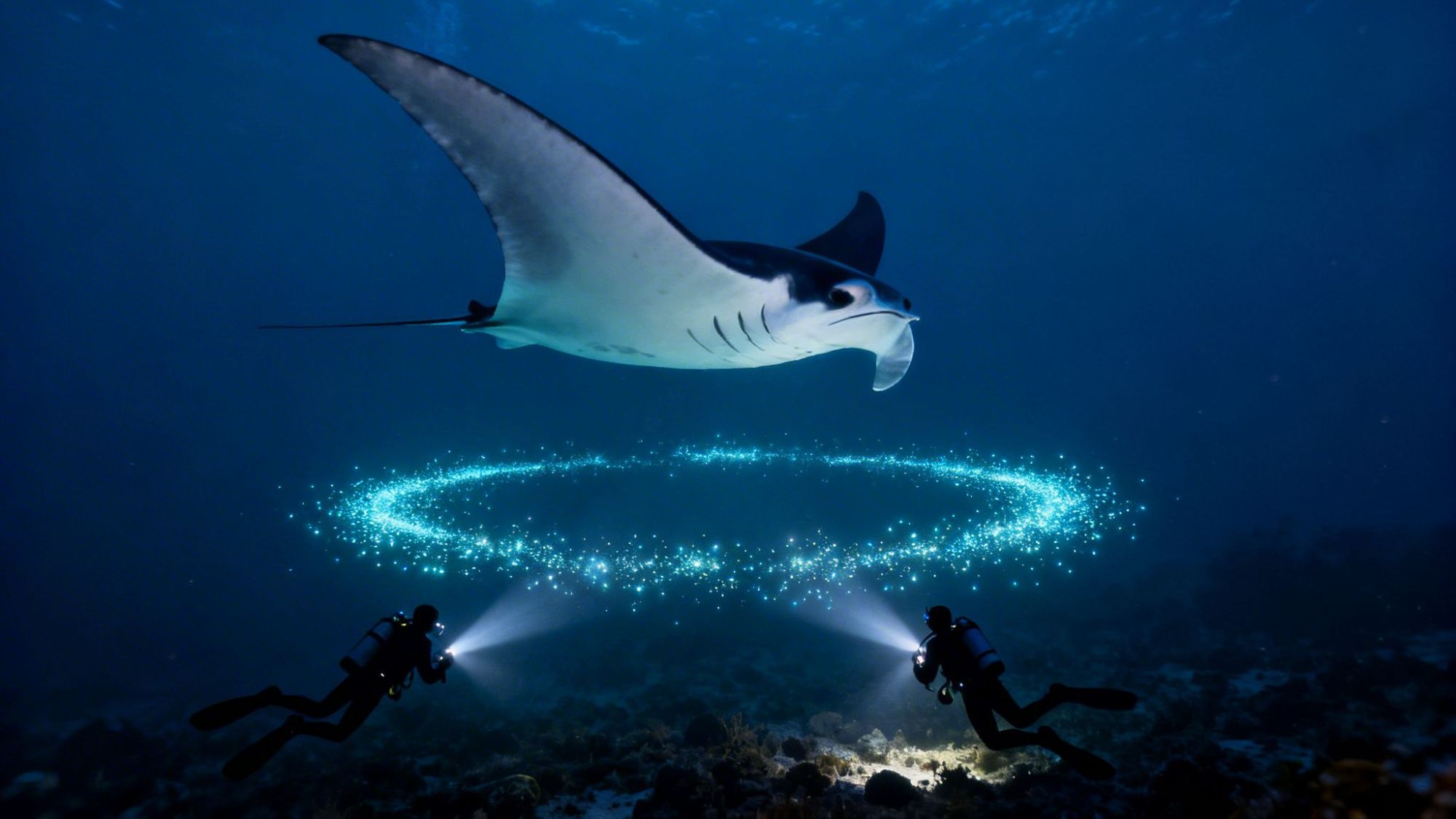 Two divers with flashlights under a manta ray, surrounded by a glowing, circular light effect underwater.