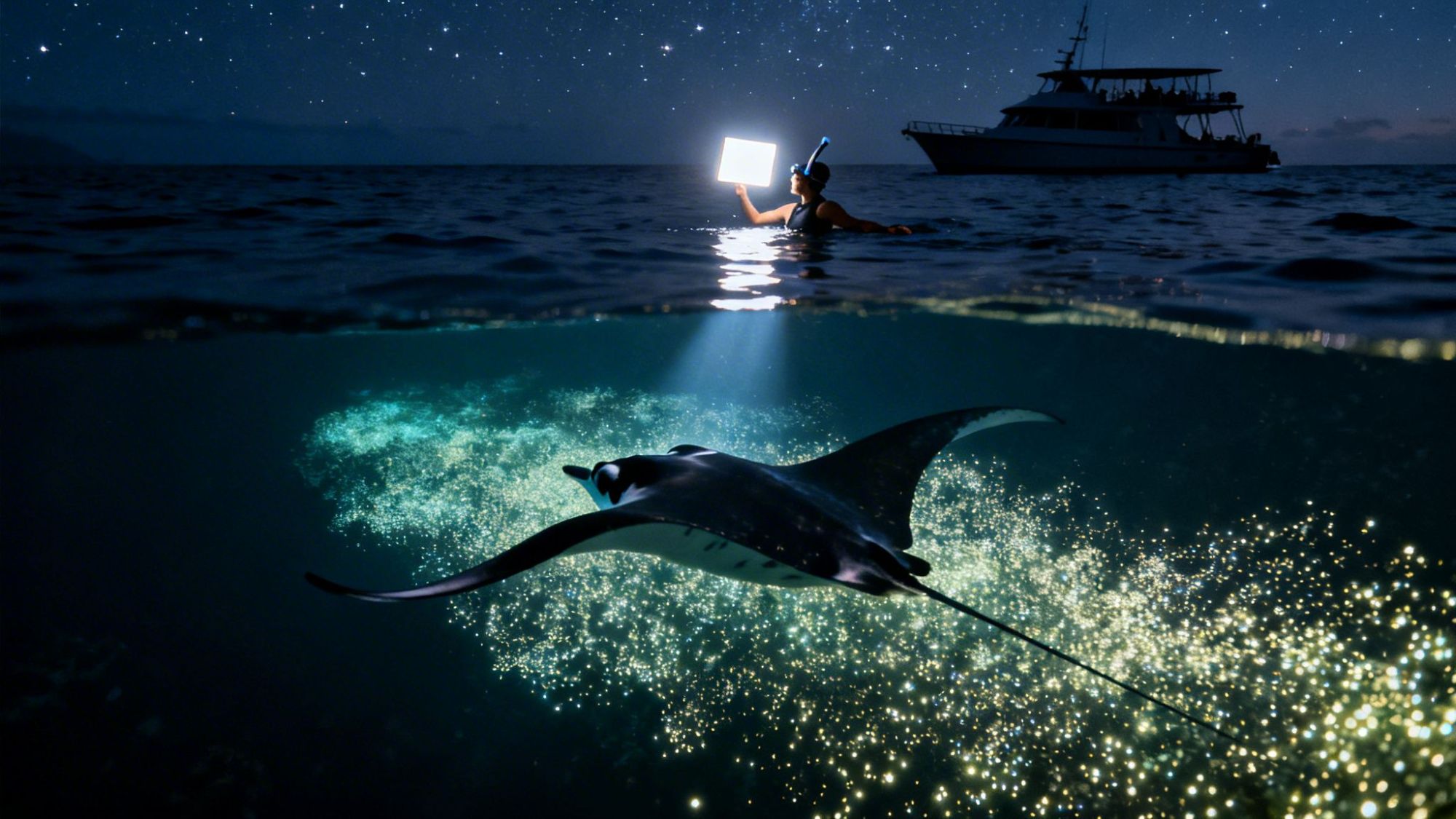 Night ocean scene with a snorkeler holding a light over a manta ray under stars and near a boat.