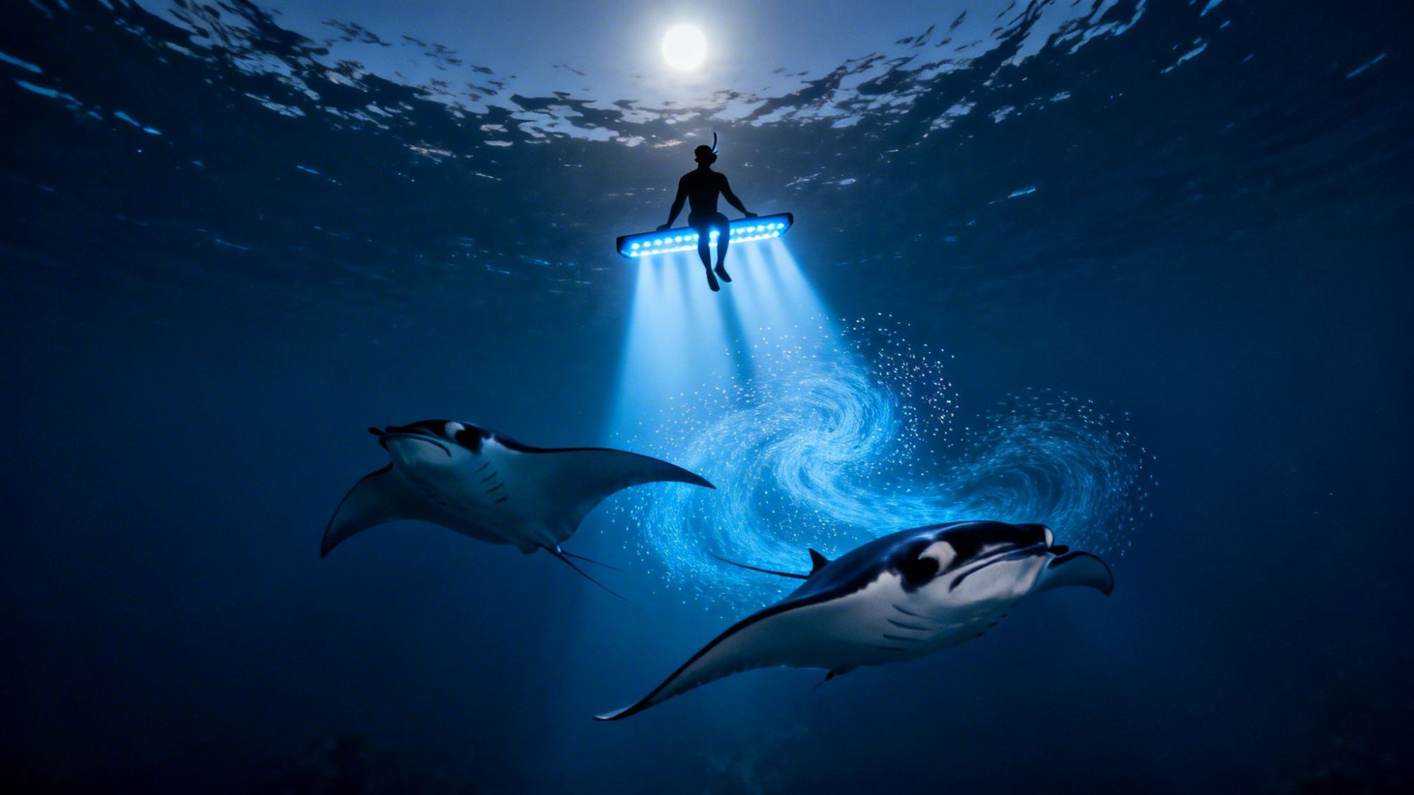 Underwater diver with light above two manta rays at night.