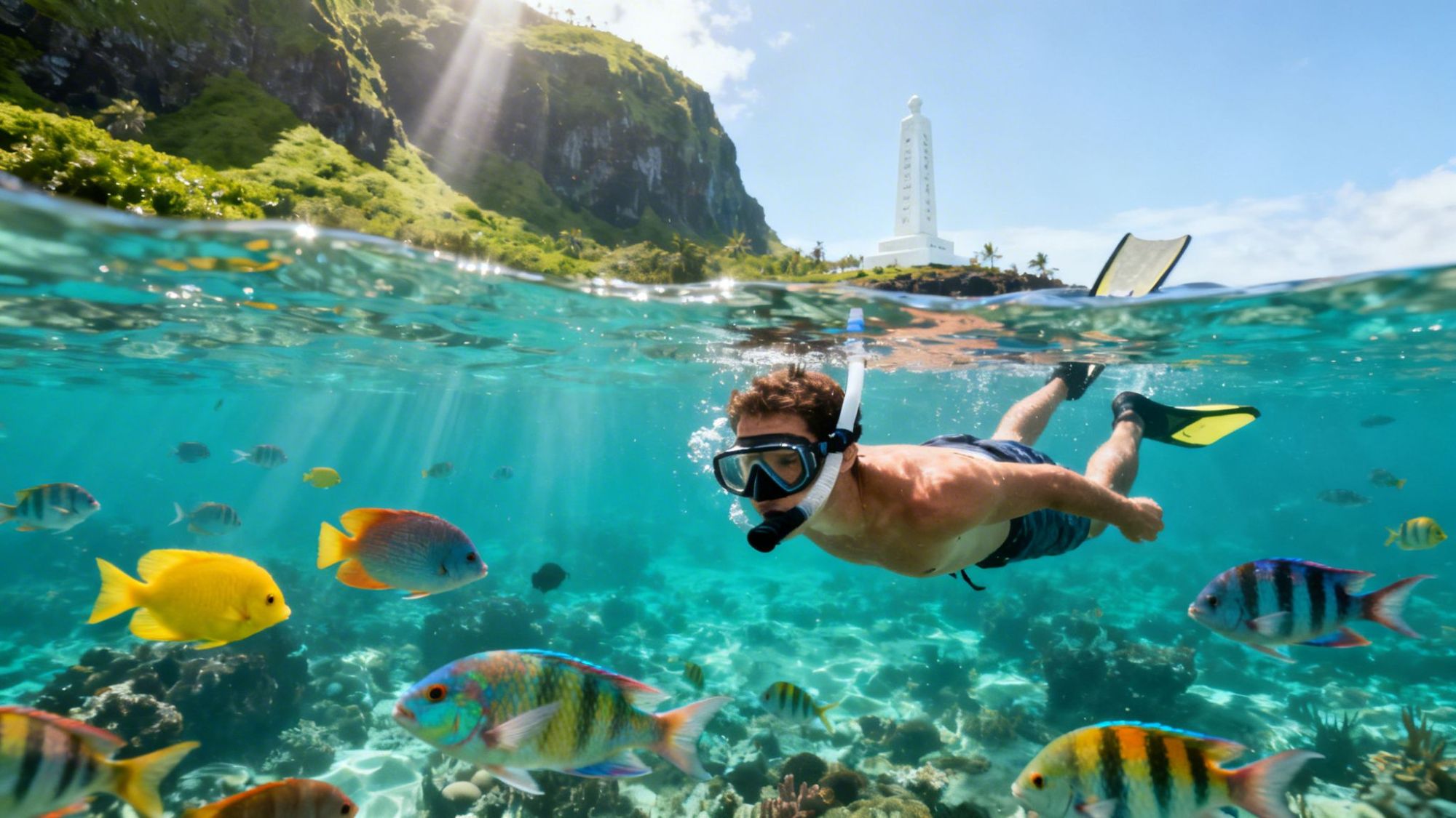 Man snorkeling underwater with colorful fish, tropical island and lighthouse in background.