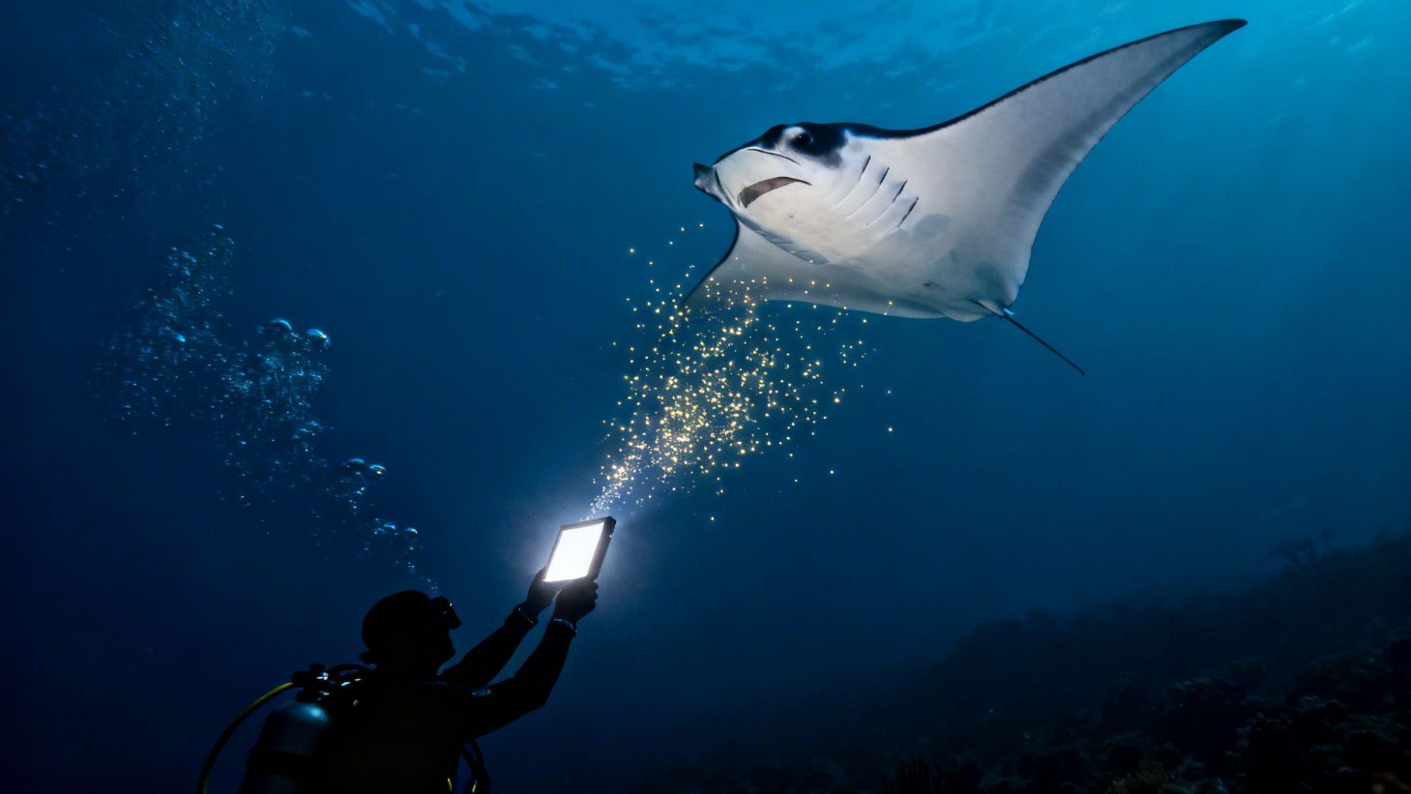 Scuba diver holding a light near a manta ray underwater with bubbles.