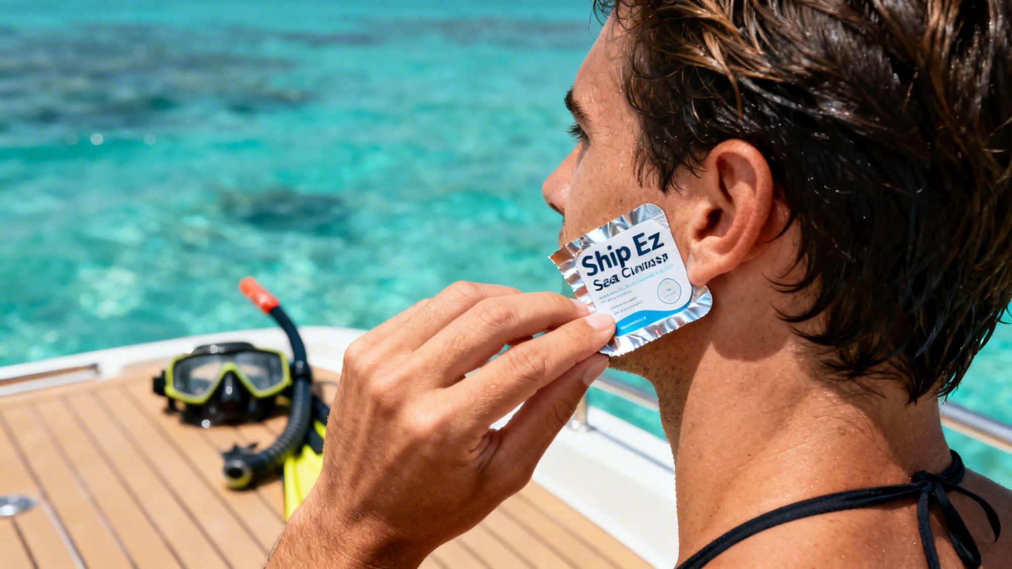 Person on boat holding Ship Ez package near ear with snorkeling gear in background.