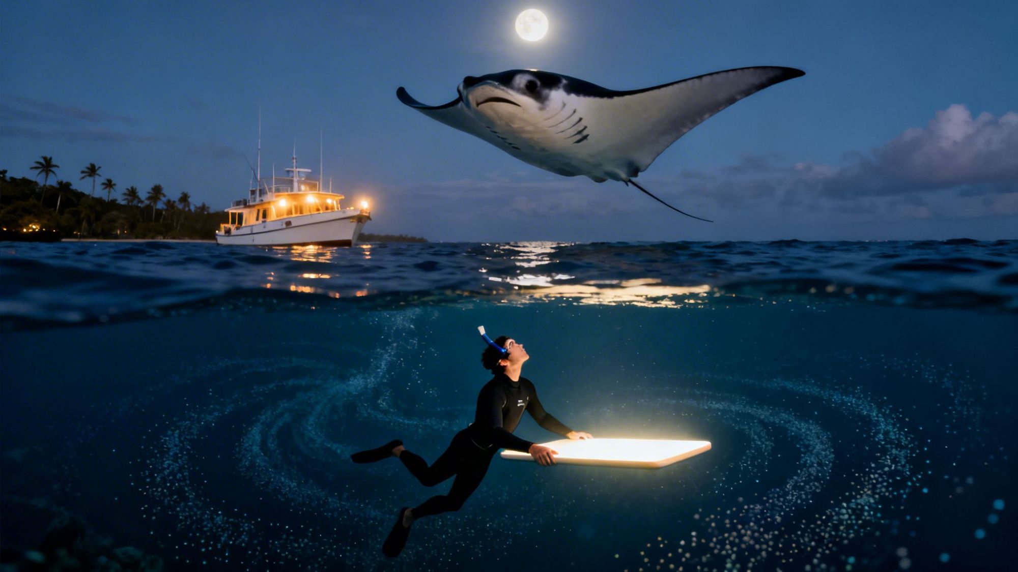 Diver below moonlit manta ray and boat at night, holding illuminated board in swirling water.