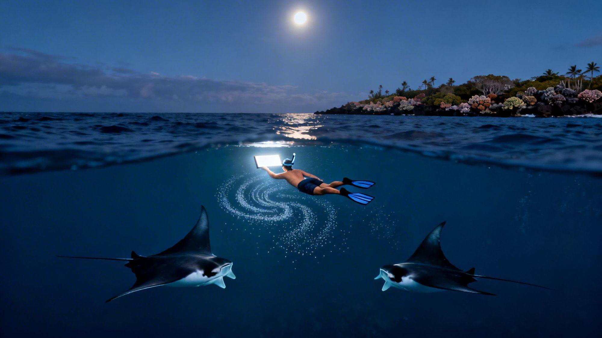 Snorkeler with laptop floating at night near island, with two manta rays below.
