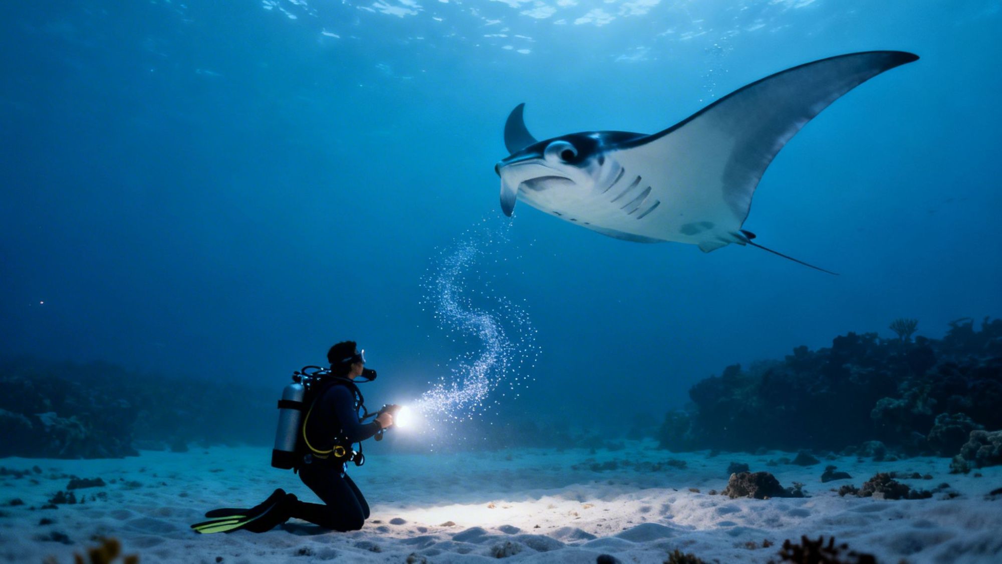 Diver with flashlight underwater near a swimming manta ray in a blue ocean.