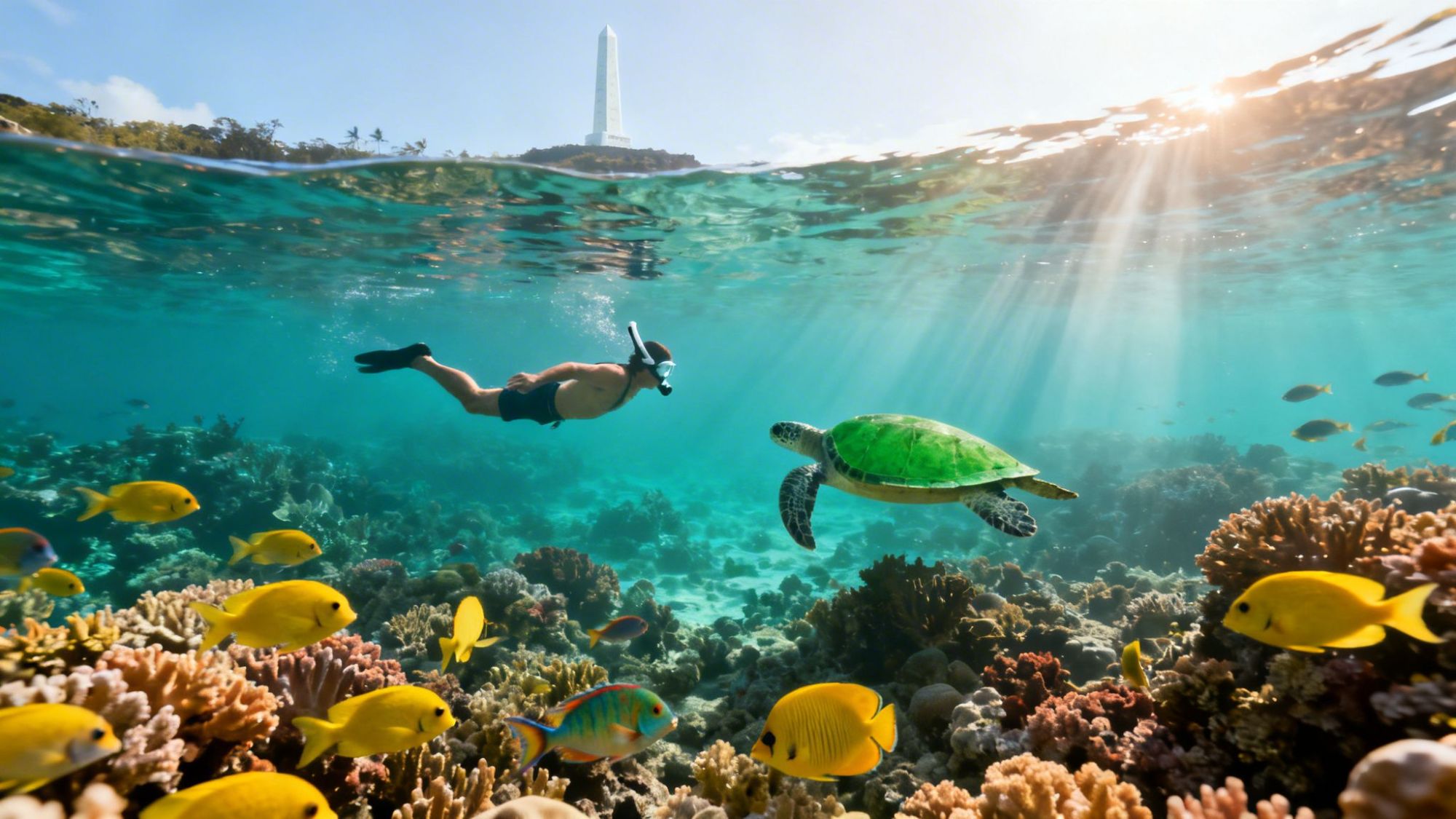 Snorkeler and sea turtle swim above vibrant coral reef with yellow fish.