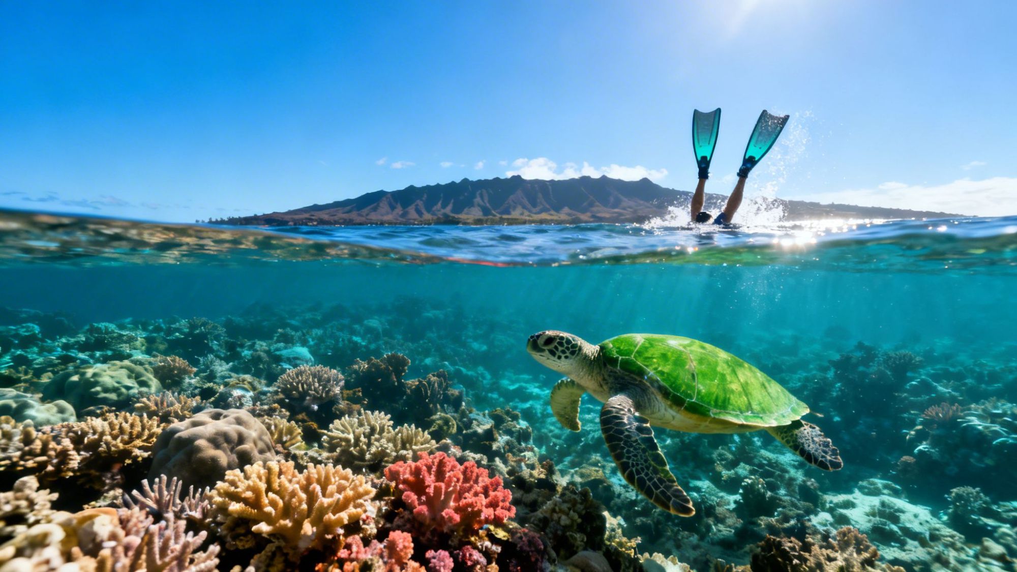 Underwater view of a sea turtle swimming near coral, with snorkeler above water in fins.