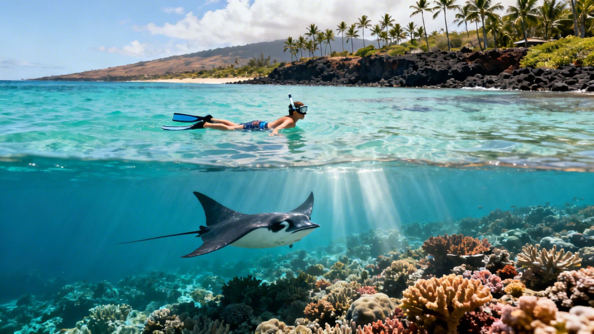 Person snorkeling above a coral reef with a manta ray underwater, tropical beach background.