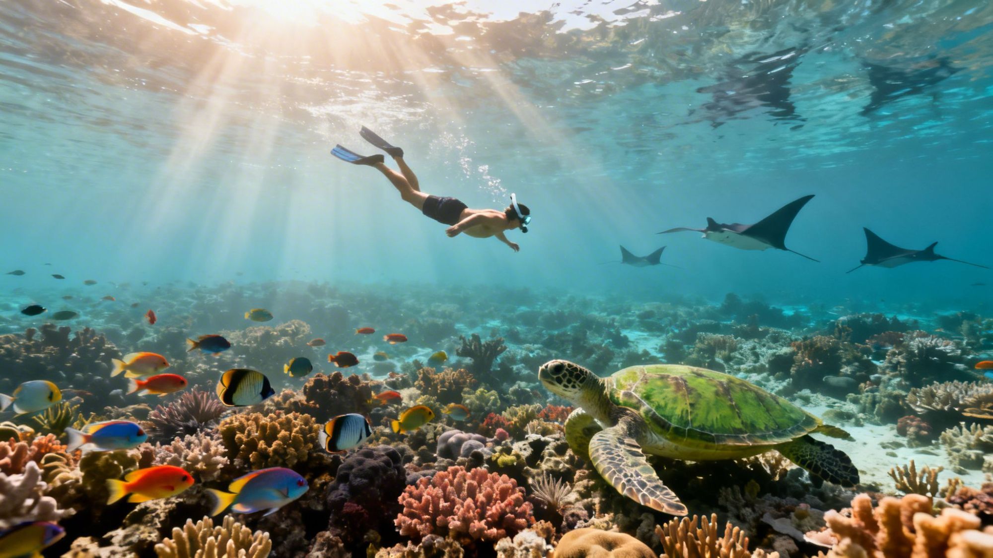 Snorkeler swims above coral reef with fish, sea turtle, and manta rays under sunlit water.