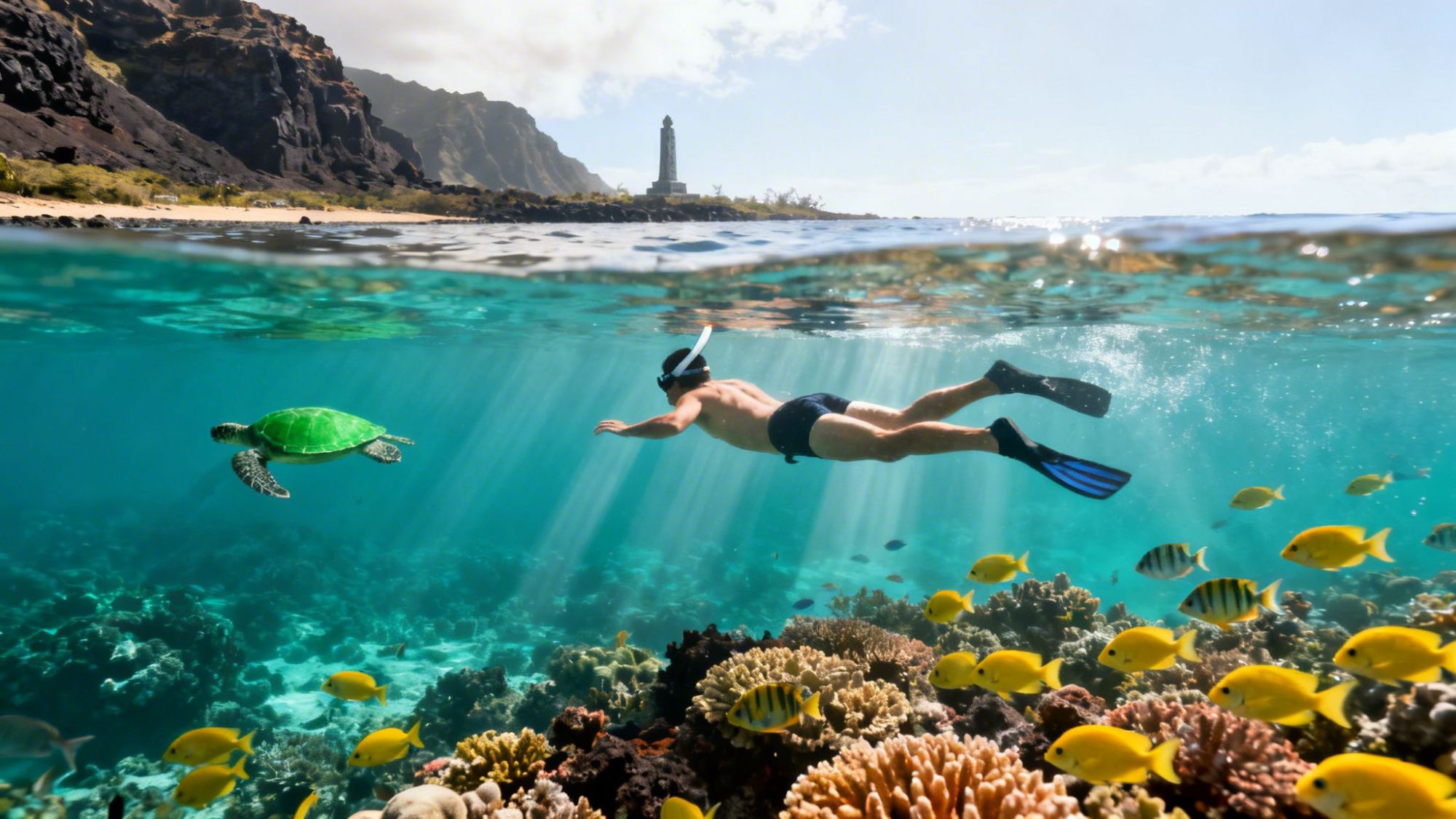 Snorkeler swimming near a turtle and colorful fish above coral reef with mountains and lighthouse in the background.