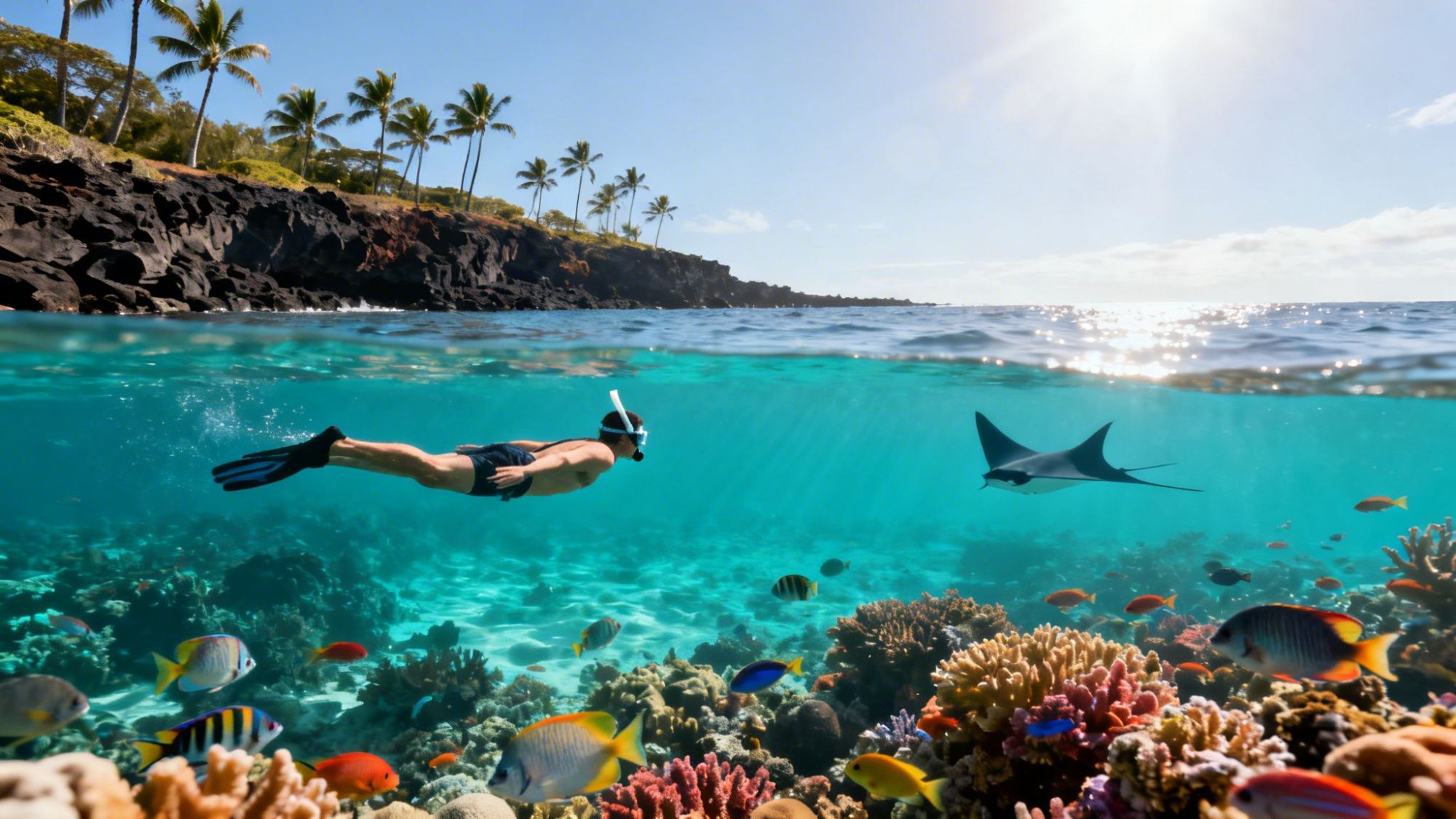 Person snorkeling near coral reef with colorful fish and a manta ray, tropical landscape in background.