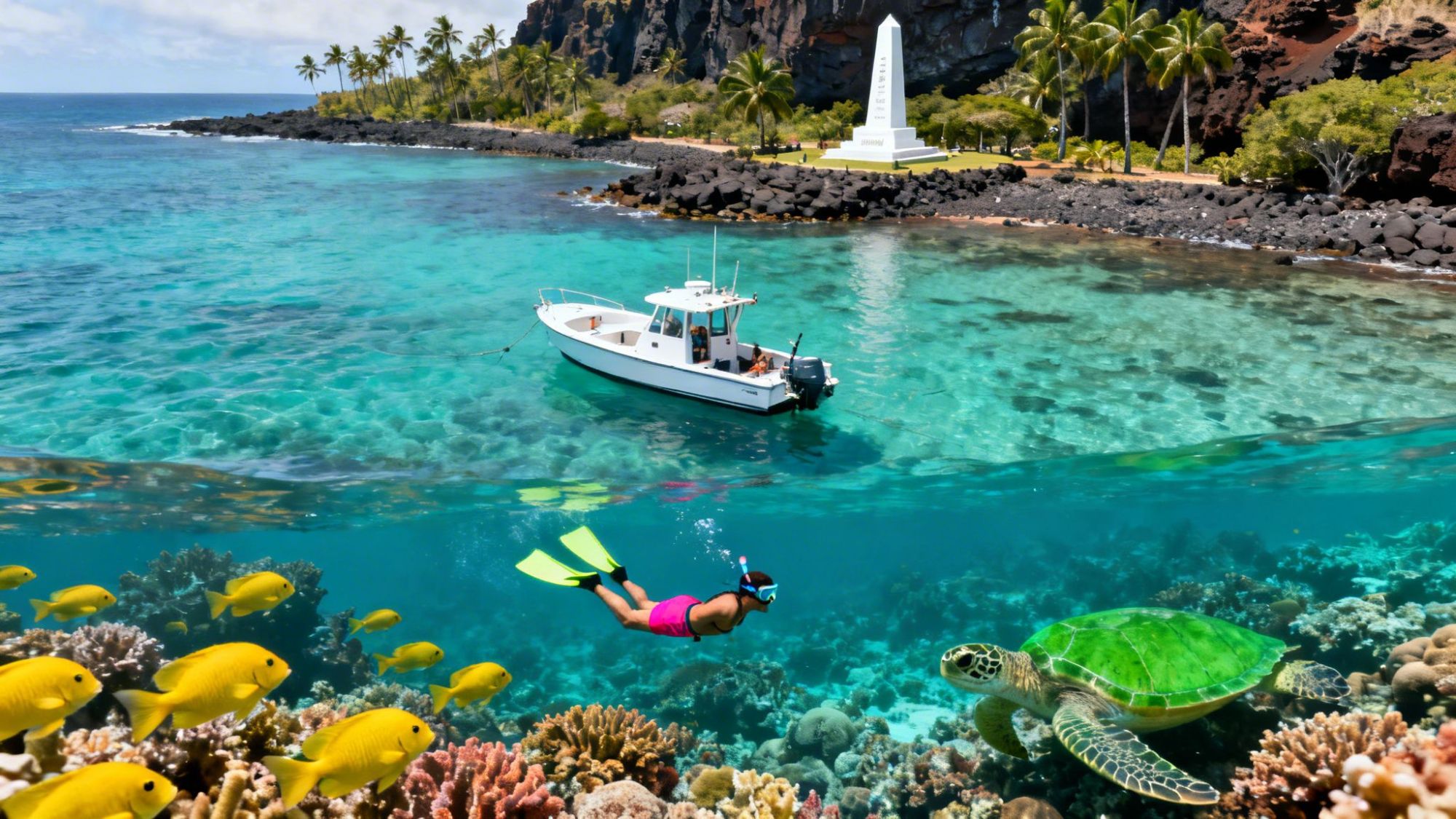 Snorkeler with sea turtle and fish in clear water near boat and tropical shore.