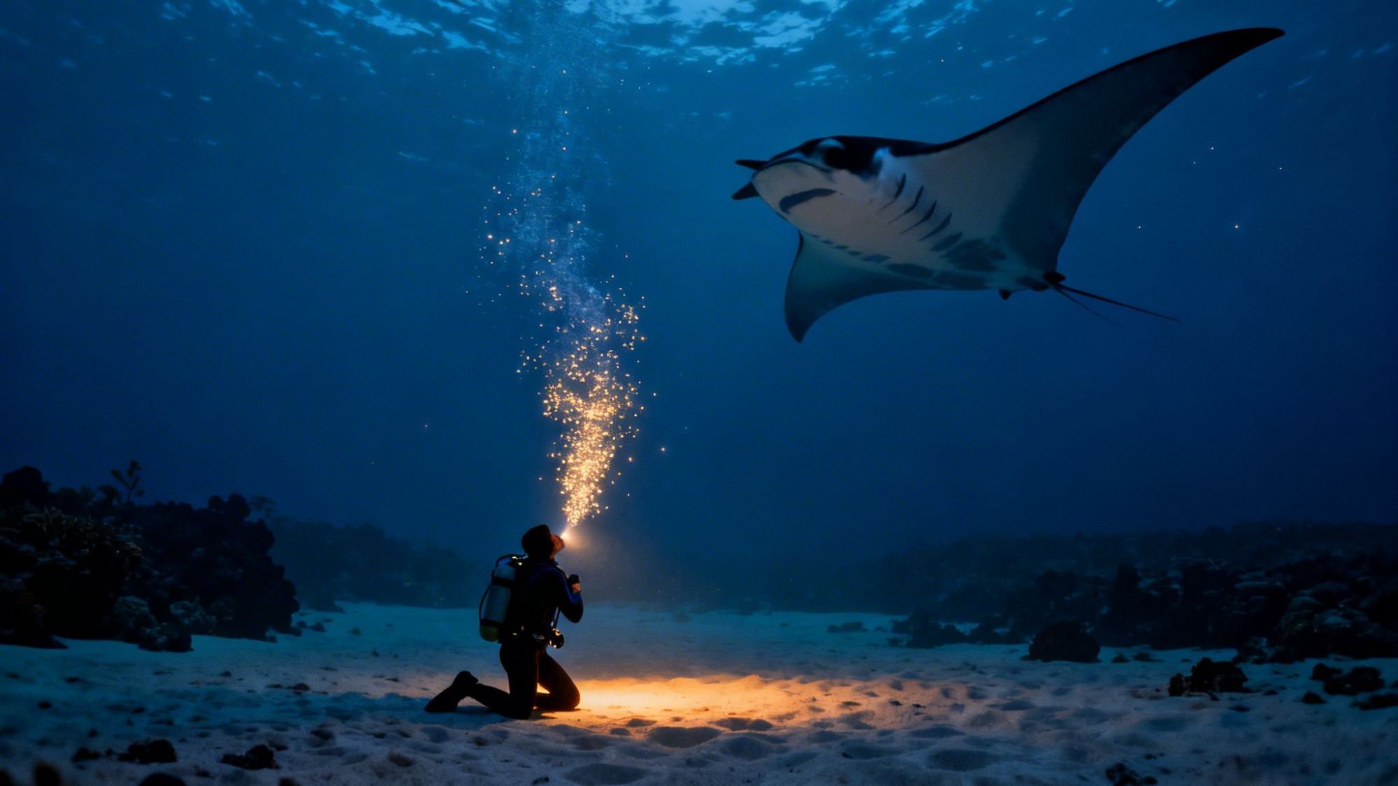 Diver kneels on ocean floor emitting bubbles, facing a large manta ray underwater.