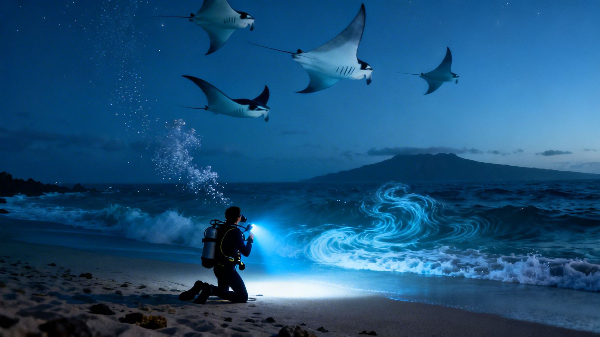 Diver with flashlight on beach at night, glowing ocean and four flying manta rays in the sky.
