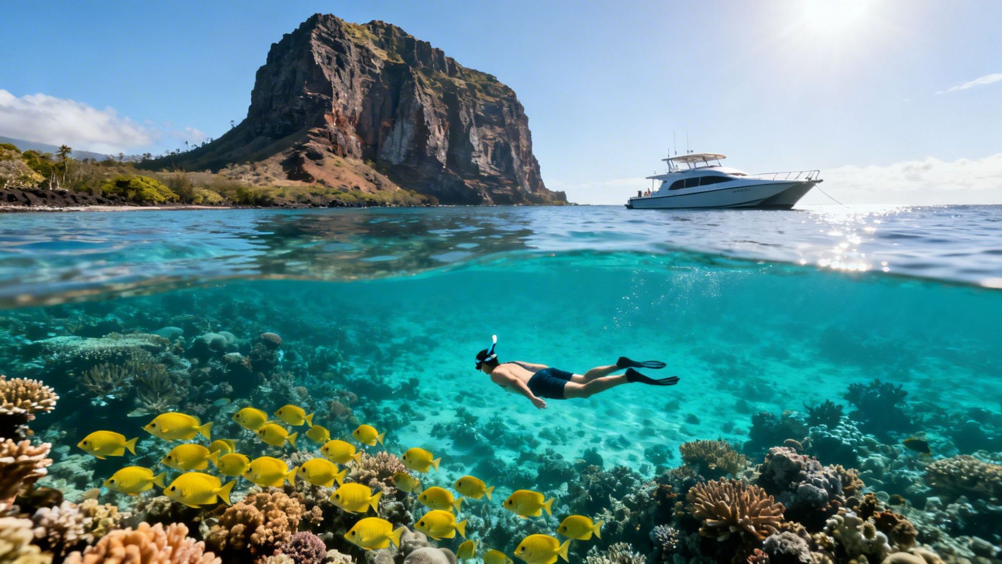 Snorkeler swims over colorful coral reef with fish, boat, and rocky island in background.
