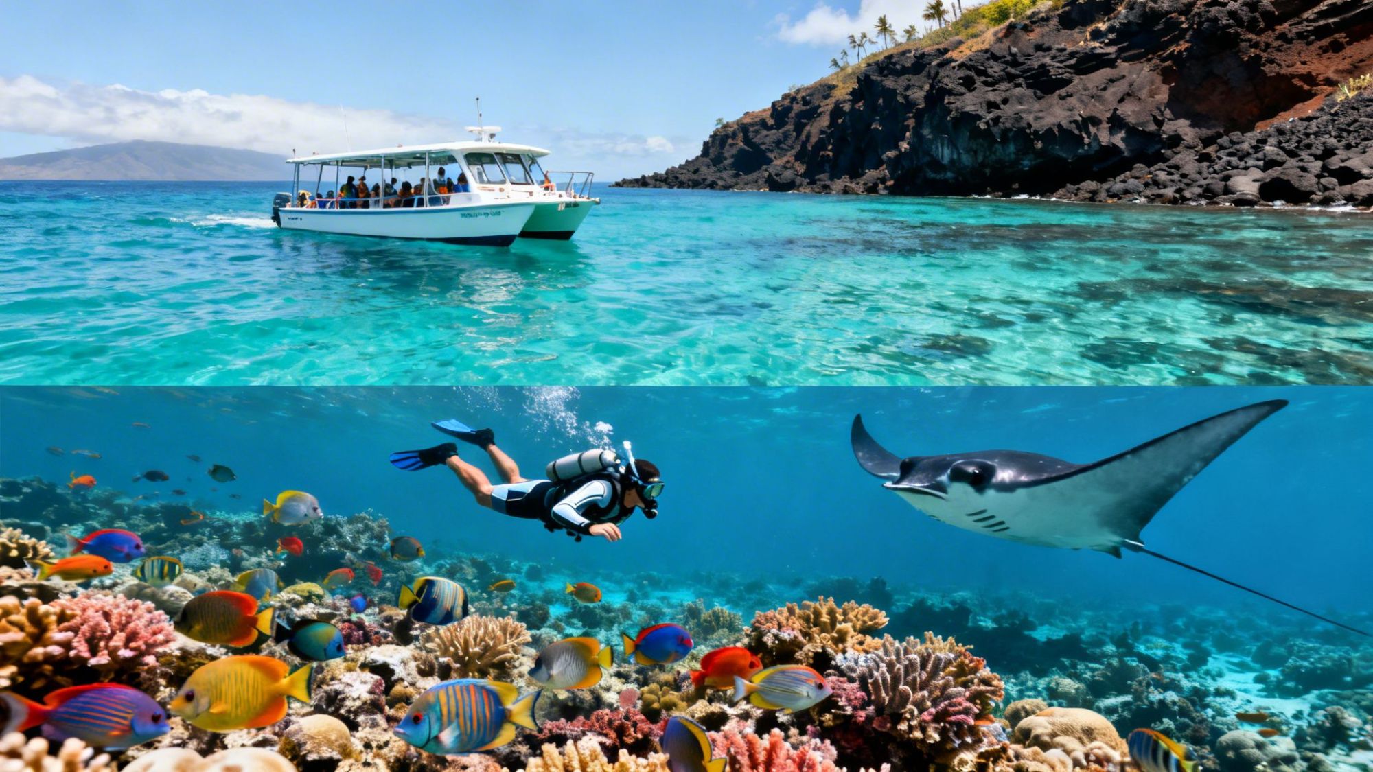 Boat on ocean; underwater diver with coral, fish, and manta ray.