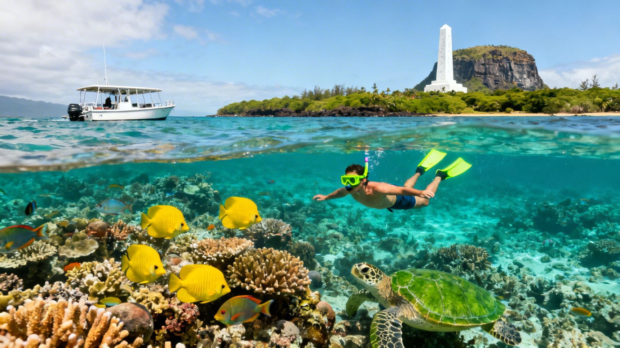 Snorkeler swims near coral reef with fish and turtle, boat and island with monument in background.