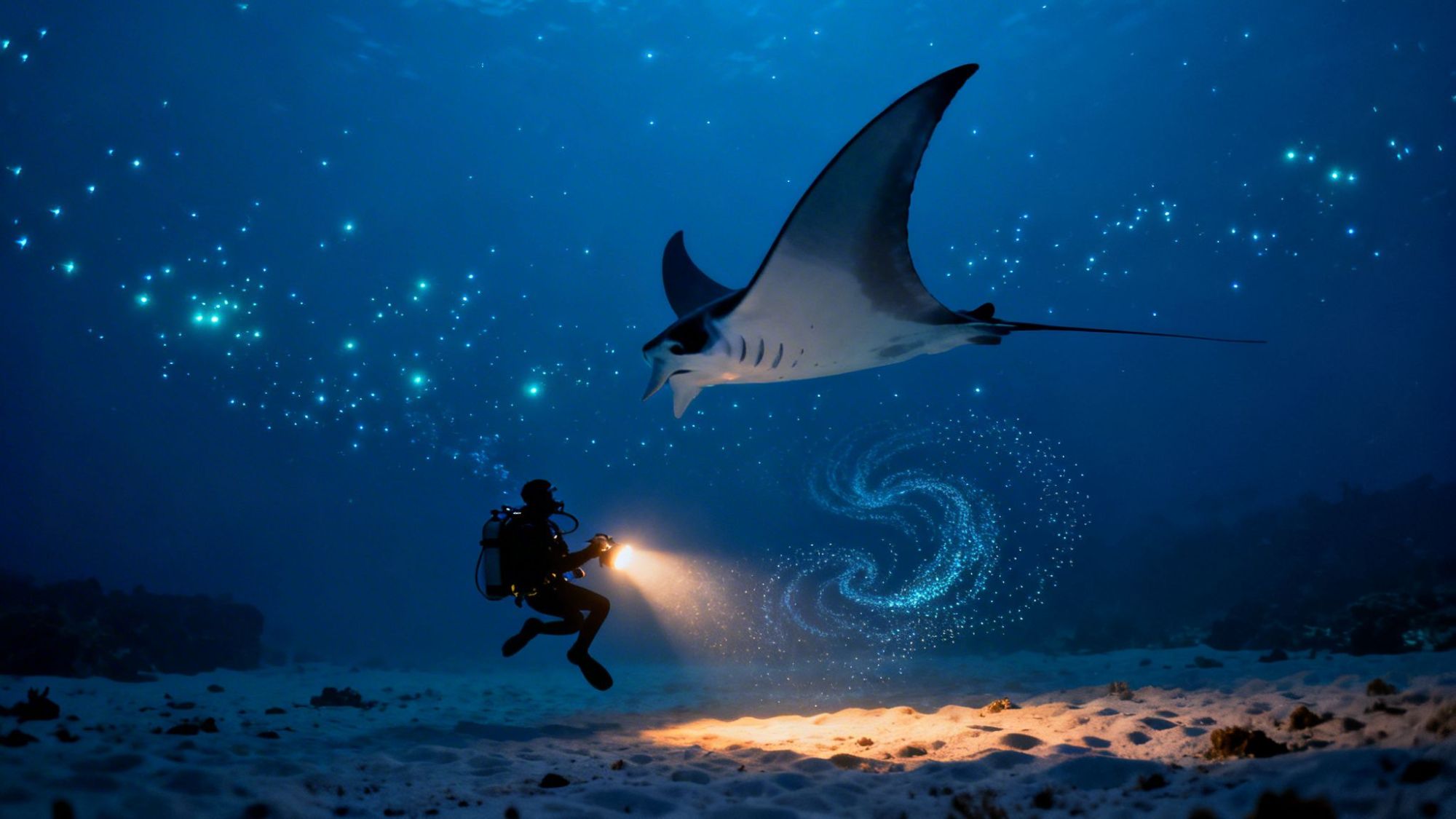 Diver with flashlight under a manta ray in an ocean with glowing particles and a swirl pattern in the water.