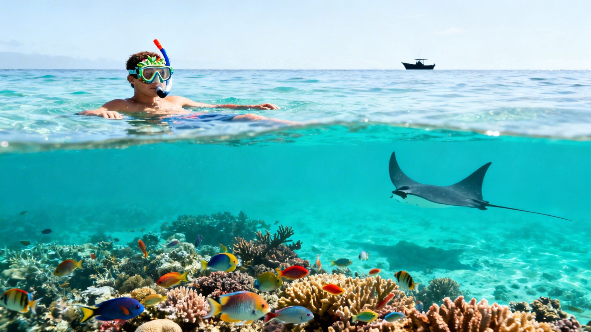 Person snorkeling above coral reef with colorful fish and a manta ray; boat visible in the distance.