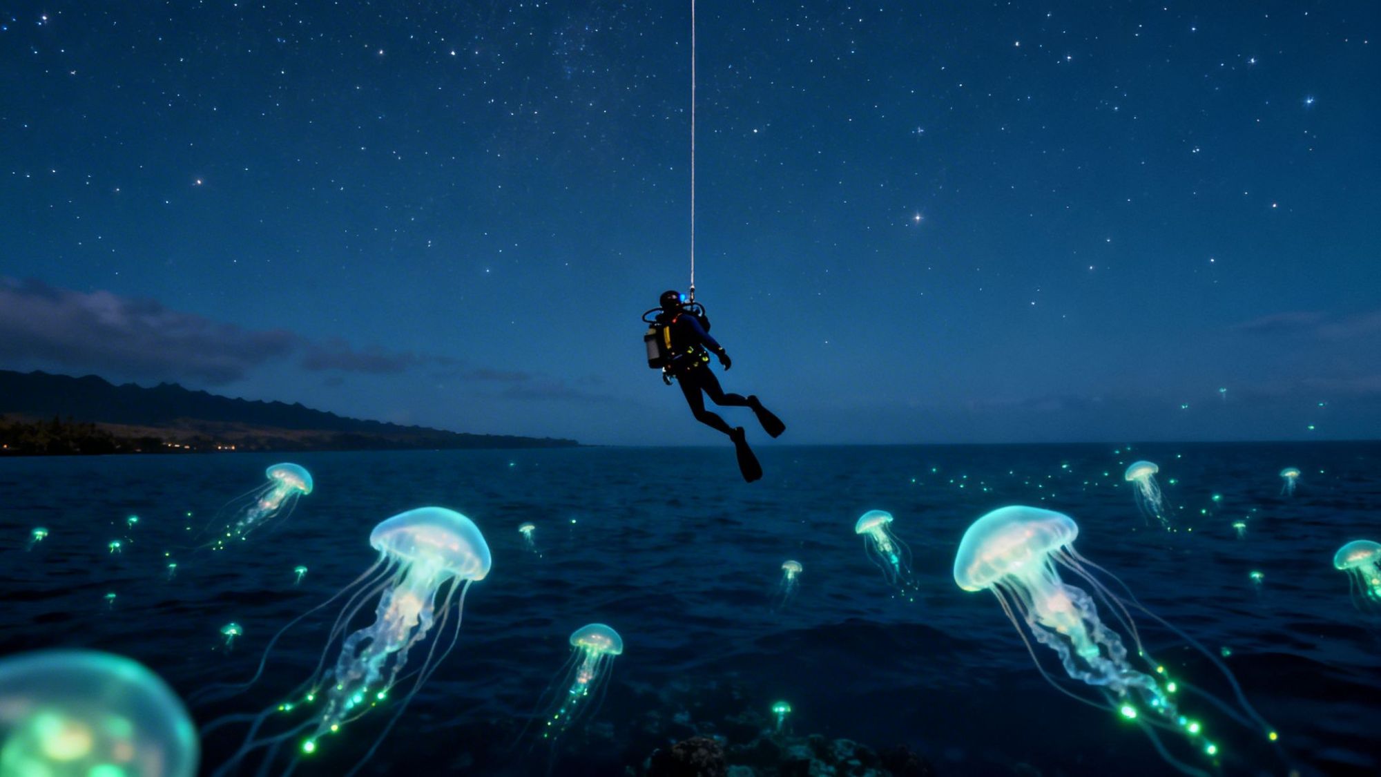 Scuba diver suspended over ocean with glowing jellyfish, starry night sky above.