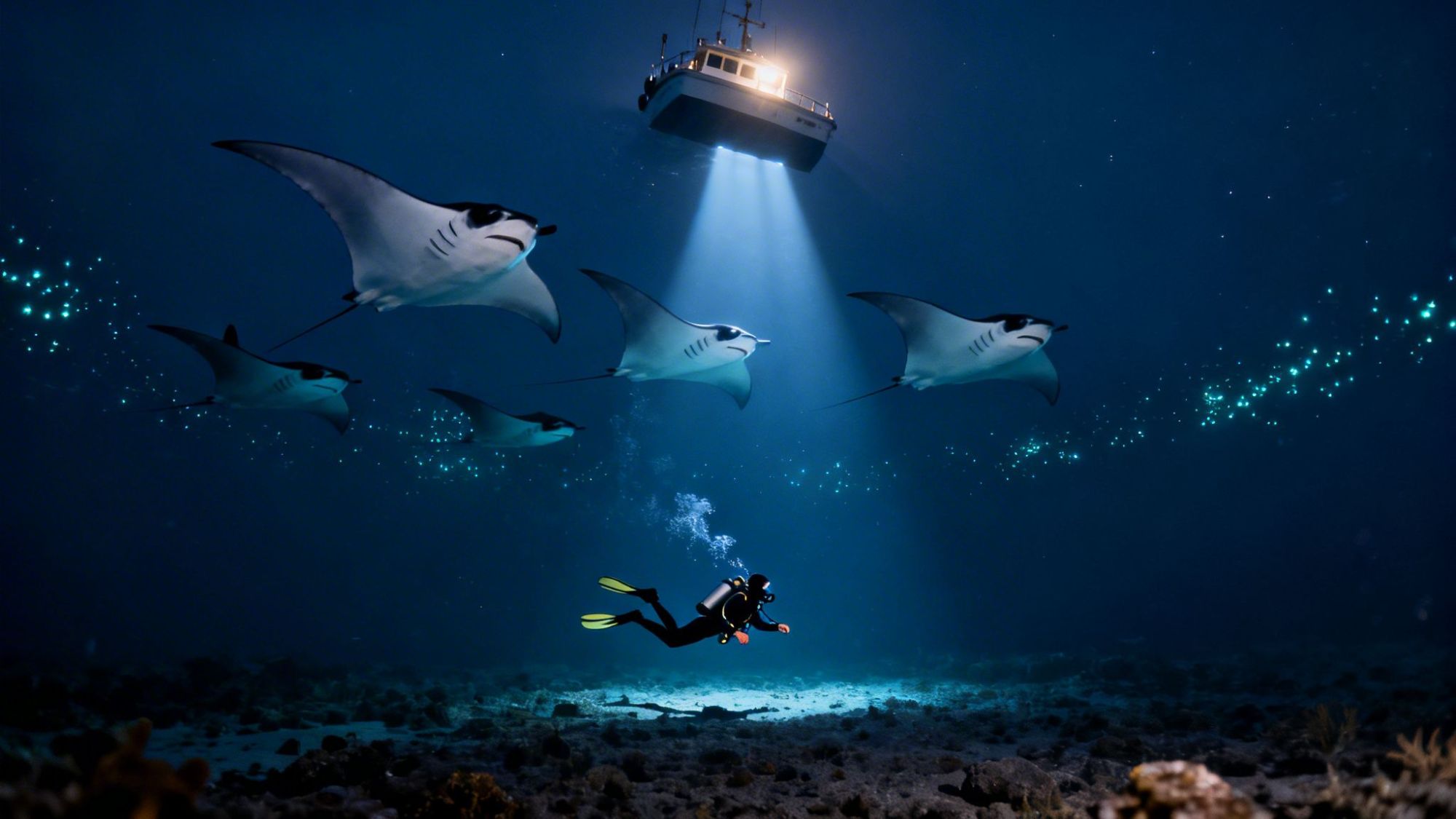 Diver underwater with manta rays illuminated by boat light above.