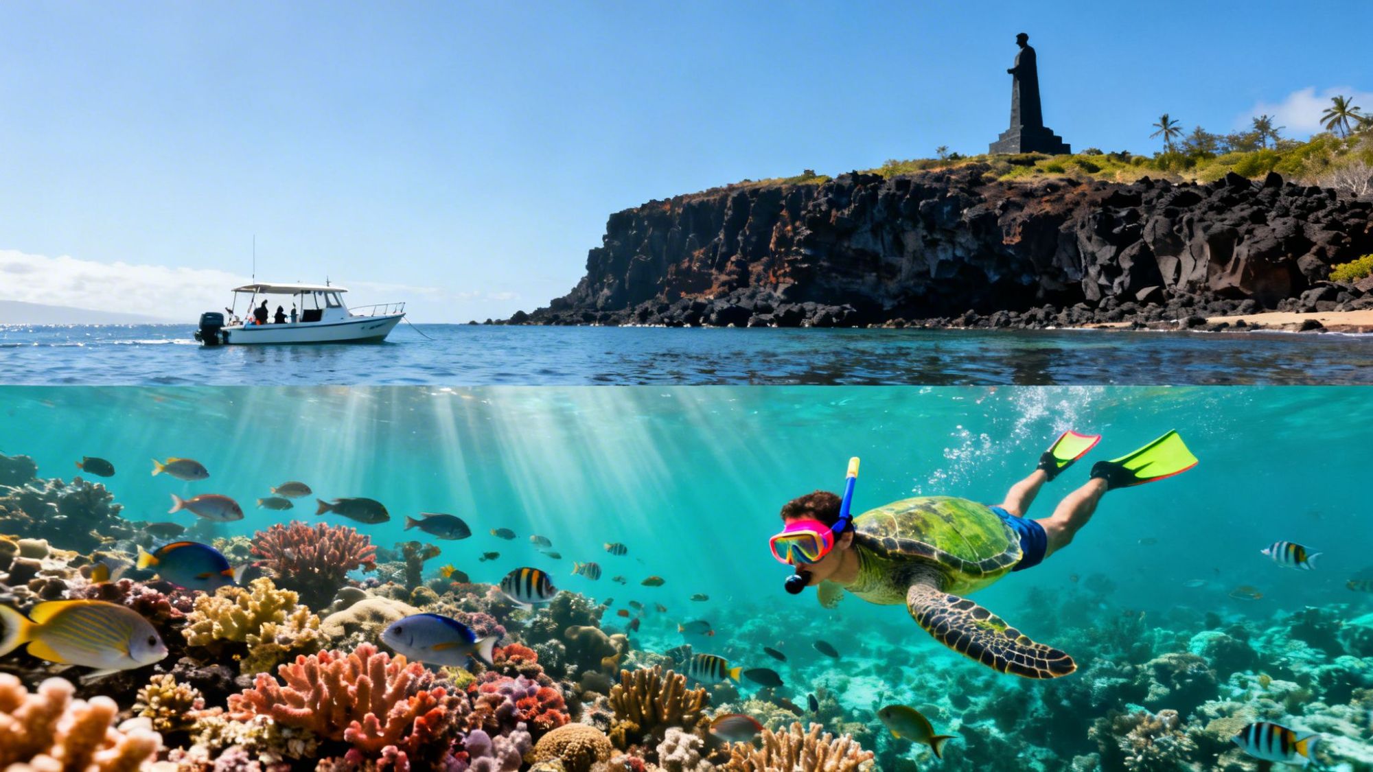 Snorkeler diving with fish near coral reef, boat on surface, rocky shore with statue in background.