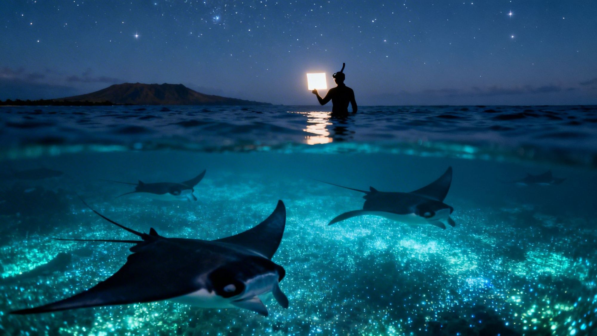 Snorkeler holds tablet above water with manta rays swimming below at night under a starry sky.