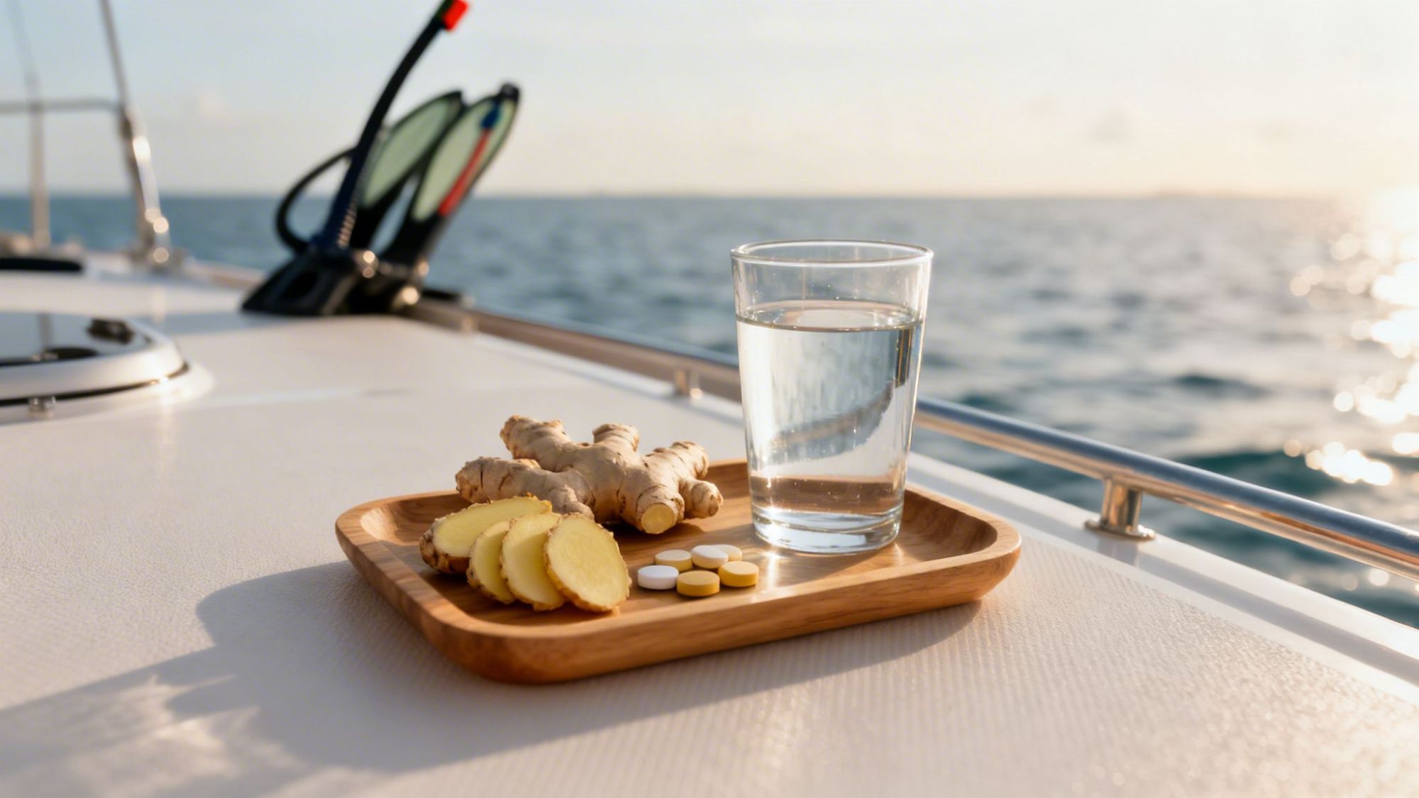 Tray with ginger, pills, and water on boat deck with ocean view.