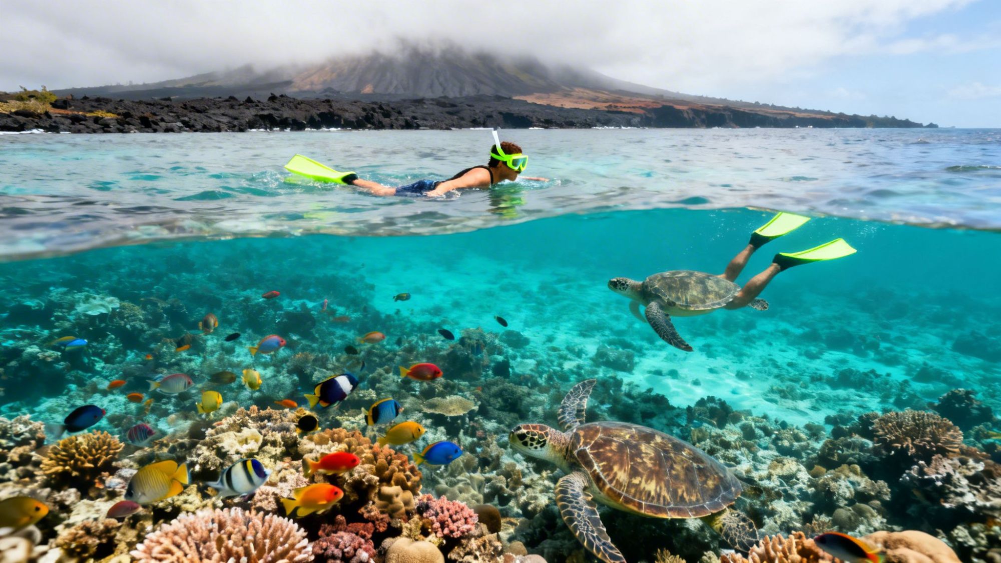Snorkeler above coral reef with colorful fish and sea turtles, volcanic mountain in background.