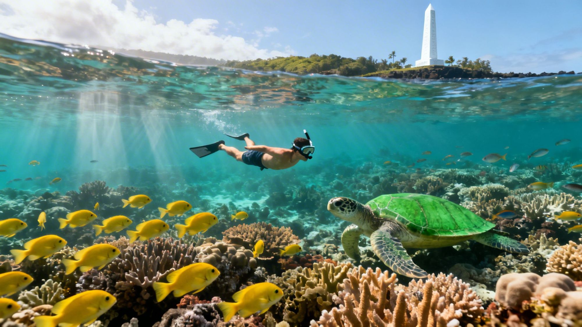 Snorkeler swimming over coral reef with yellow fish and sea turtle; monument and trees in the background.