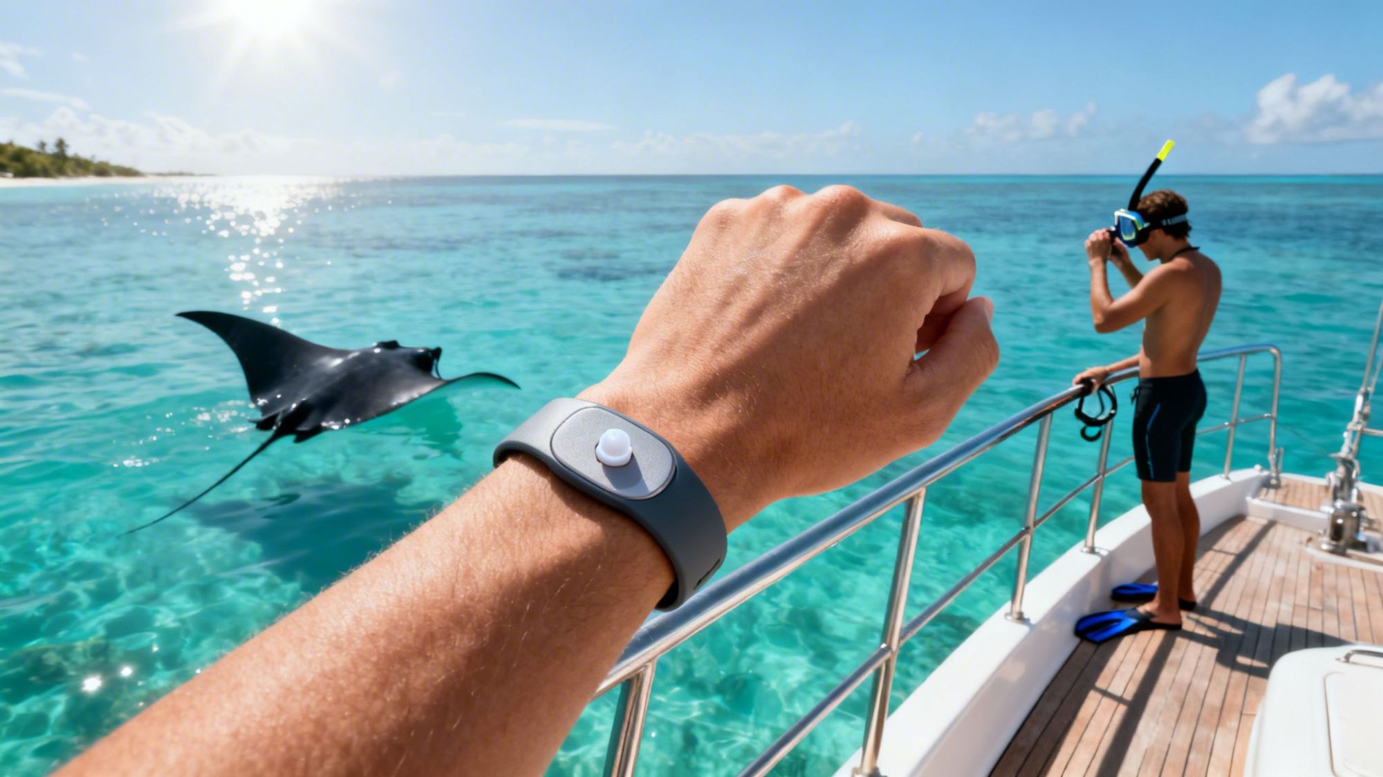 Close-up of wrist with band, manta ray in ocean, person in snorkel gear on boat.