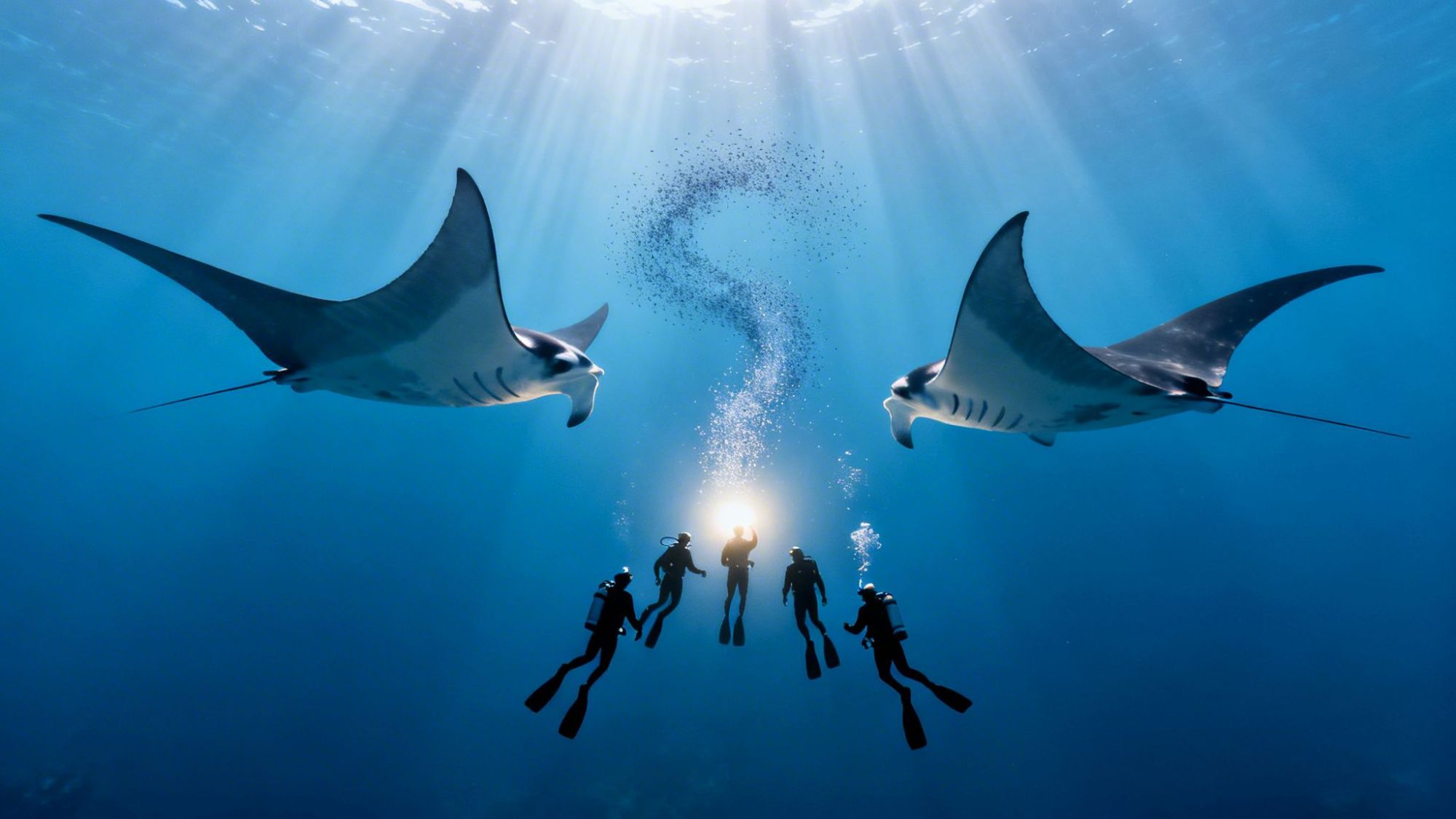 Divers swimming with two manta rays in bright blue ocean water.