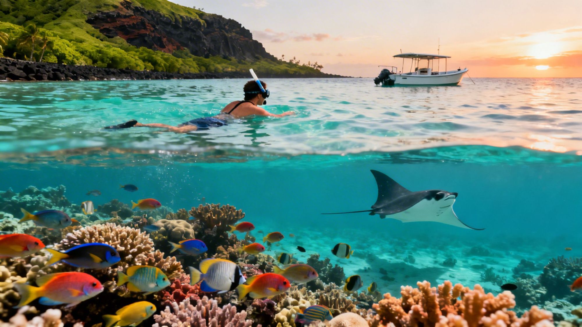 Person snorkeling near coral reef with colorful fish and a manta ray, boat and sunset in background.