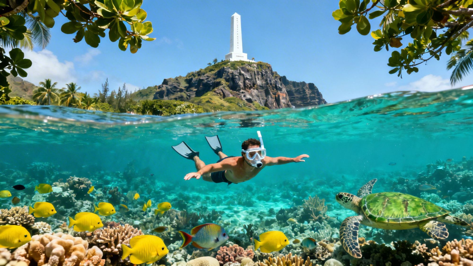 Snorkeler swims over coral reef with tropical fish and turtle, lighthouse on hill in background.