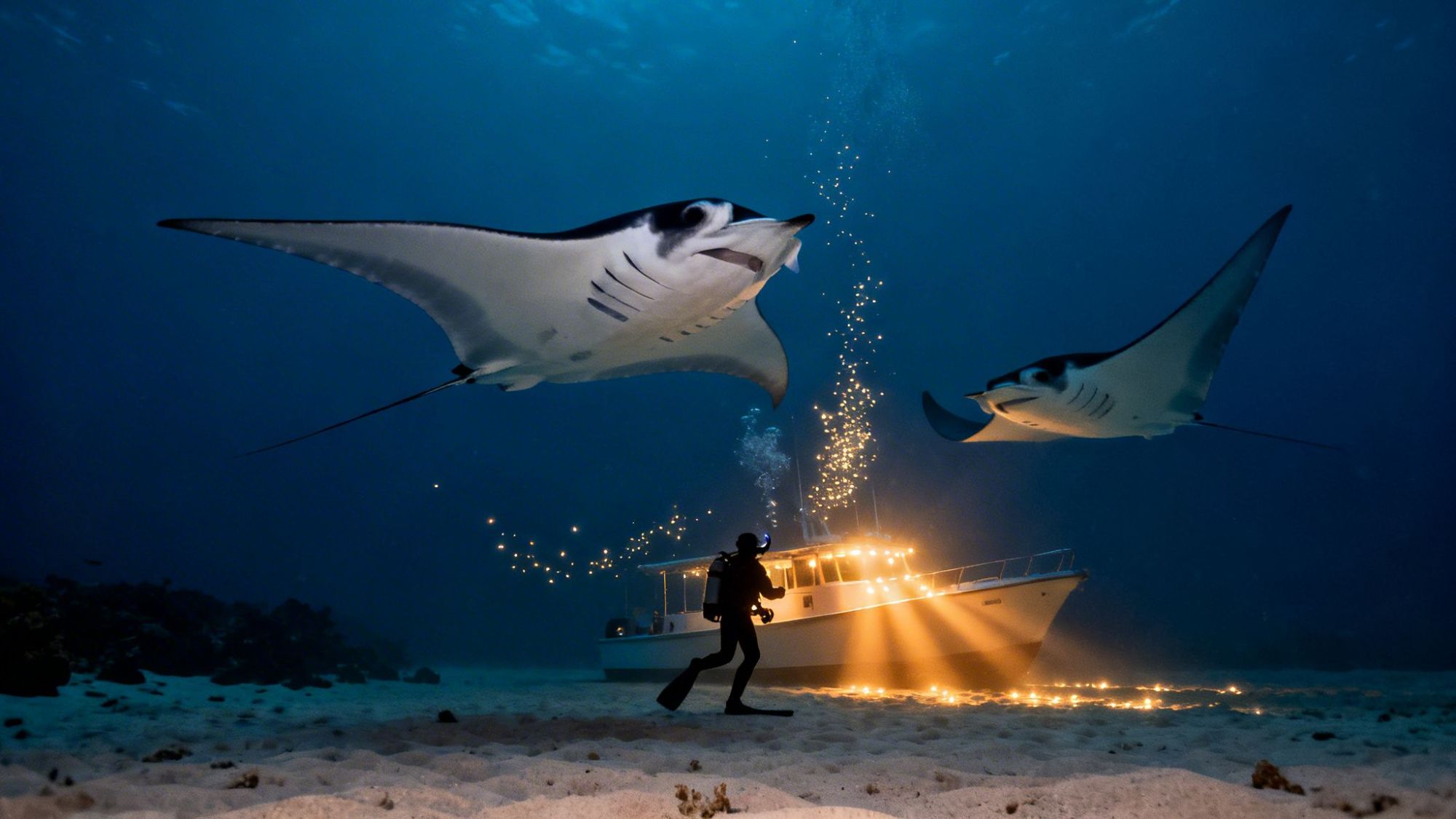 Underwater scene with a diver, two manta rays, and a lit boat on the ocean floor at night.