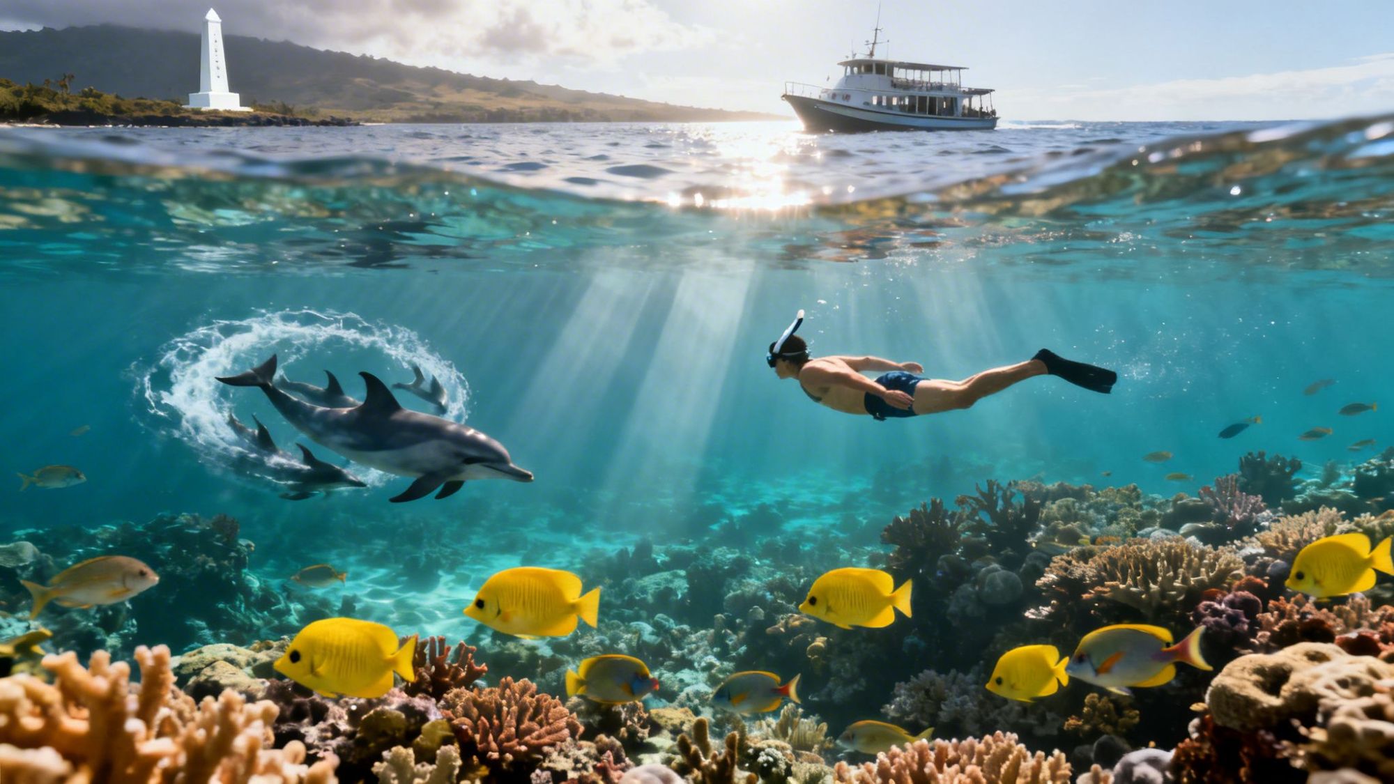 Snorkeler swimming near dolphins and vibrant coral reef with a boat and lighthouse in the background.