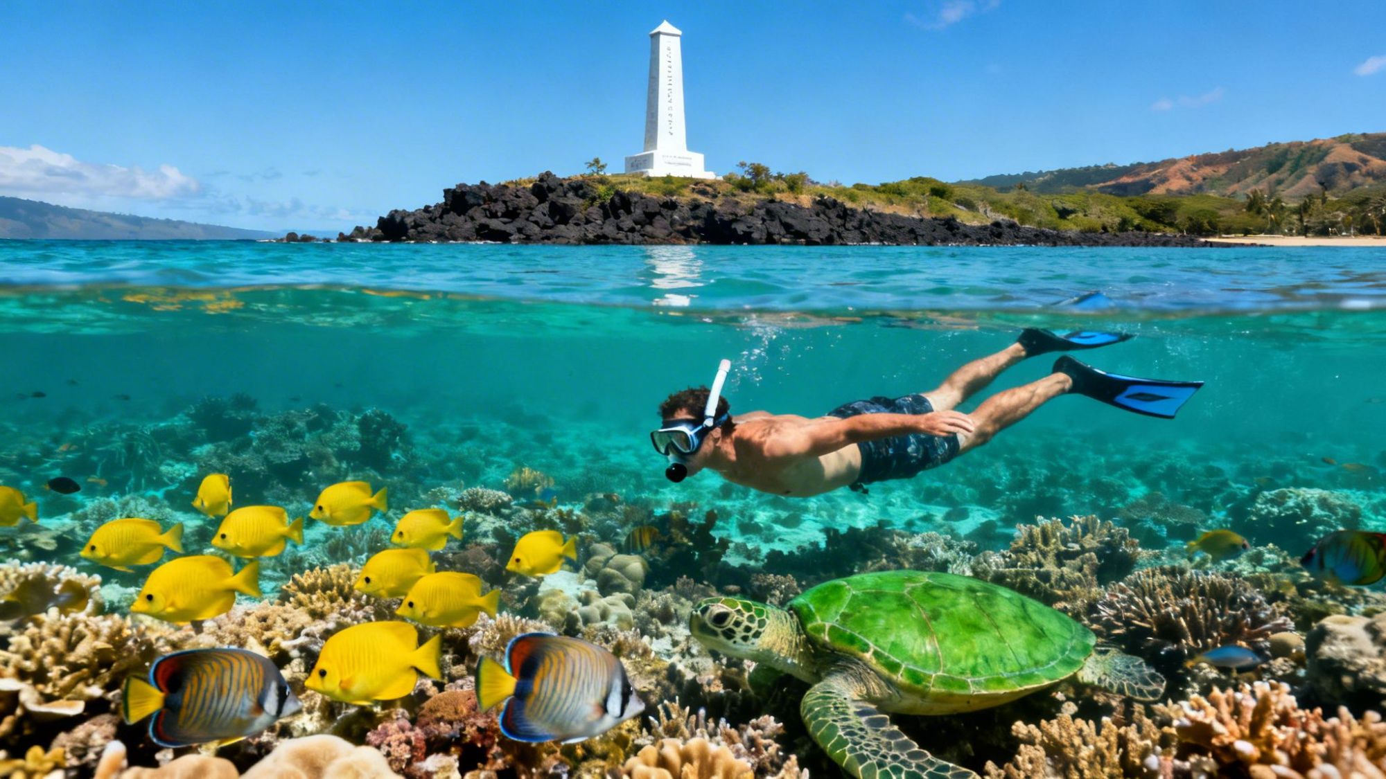 Snorkeler swims above coral reef with fish and turtle, monument on shore.