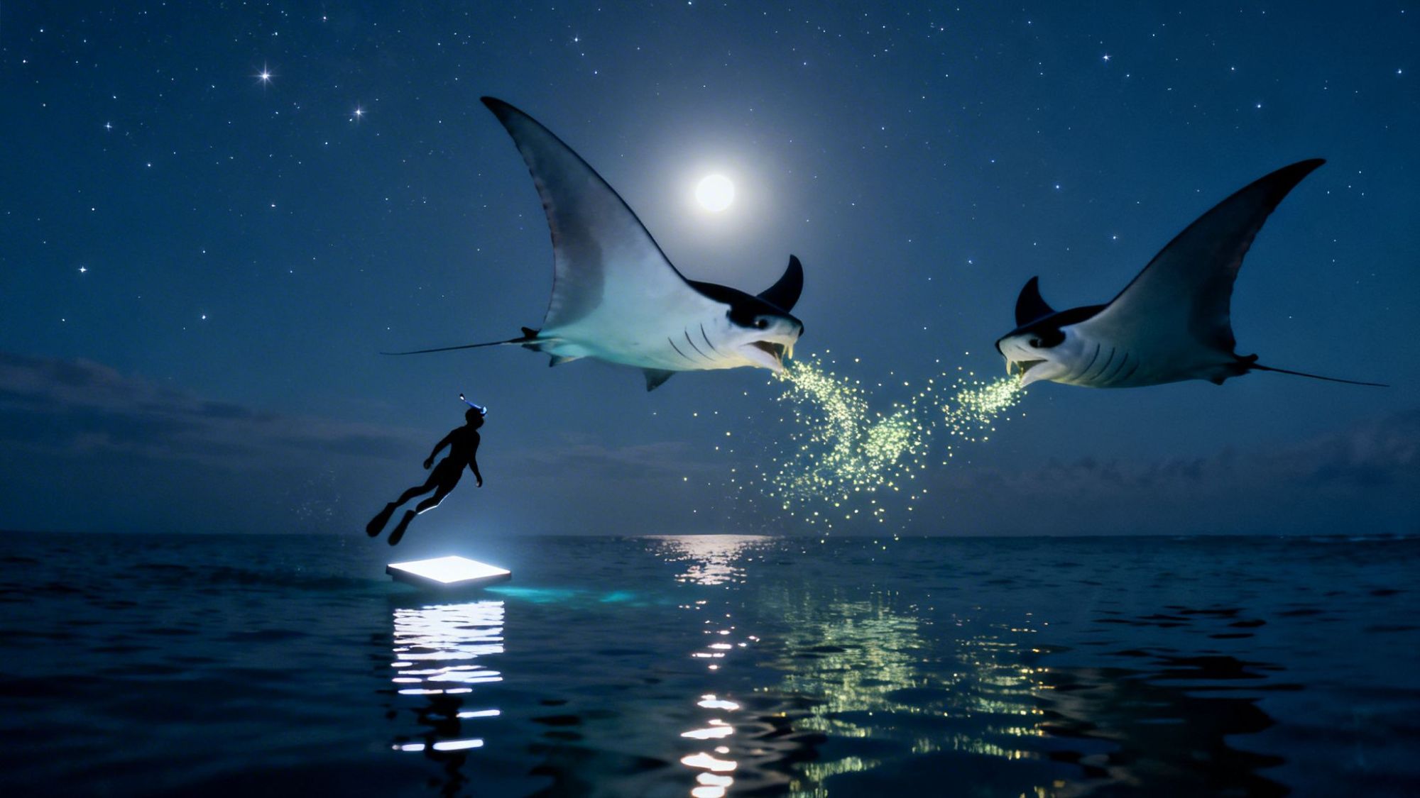 Person swimming under moonlight with two giant manta rays emitting glowing particles.