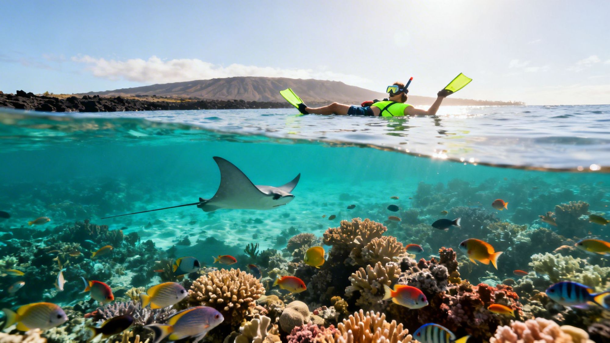 Snorkeler floats above vibrant coral reef with colorful fish and stingray below.