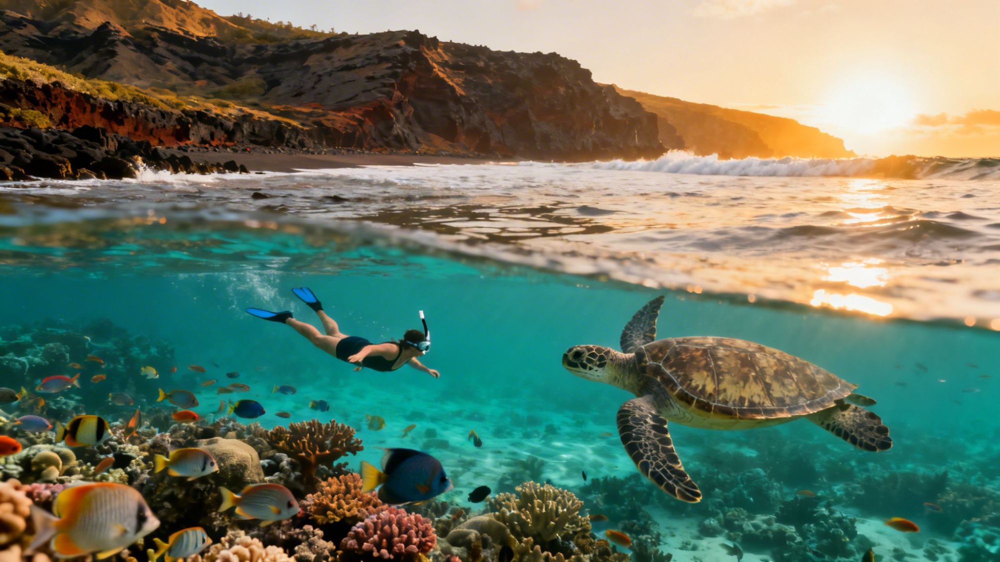 Snorkeler and sea turtle swim over colorful coral reef at sunset near cliffs.