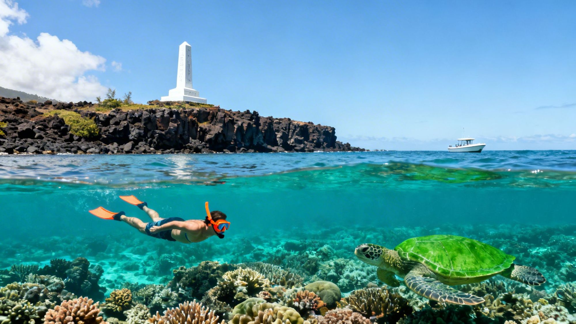 Person snorkeling near a sea turtle, with a monument and boat in the background.