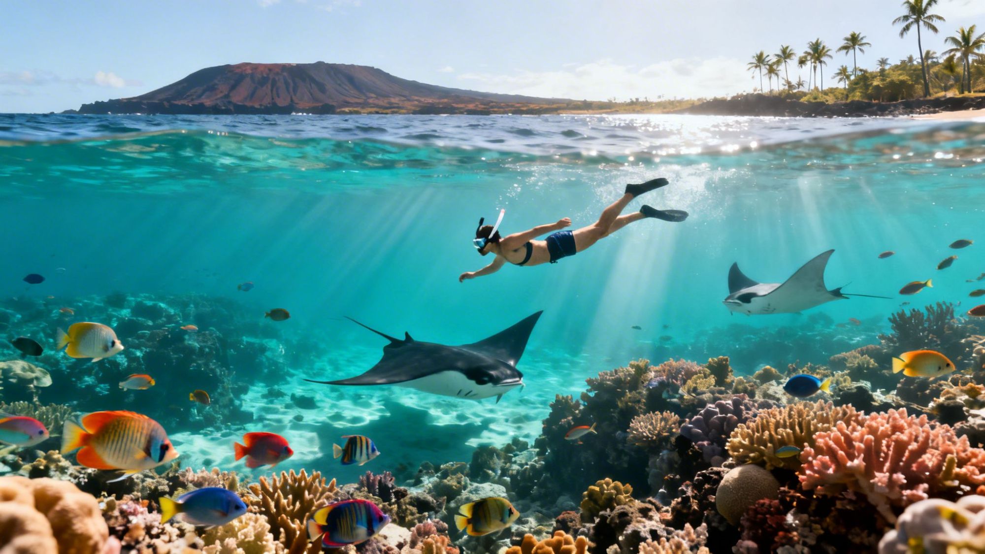 Snorkeler swims above coral reef with fish and rays, mountain and palm trees in background.
