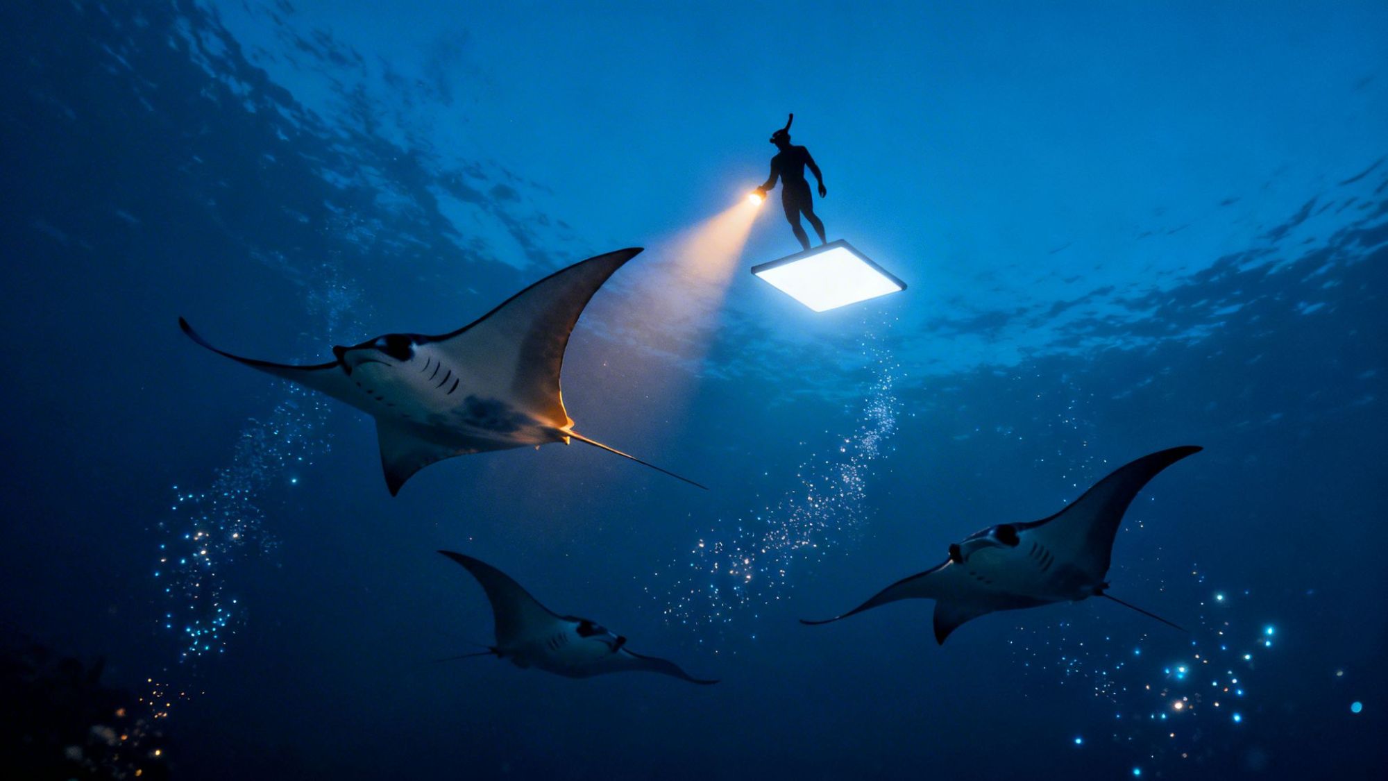 Diver with flashlight hovering over manta rays underwater at night.