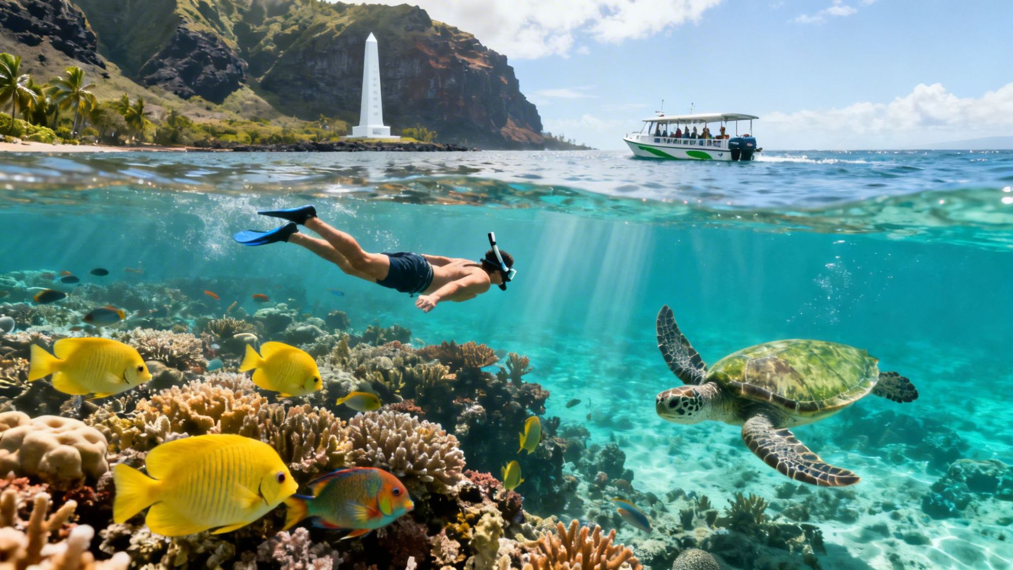 Underwater view of a snorkeler with fish and a turtle in clear water near a coastal monument.