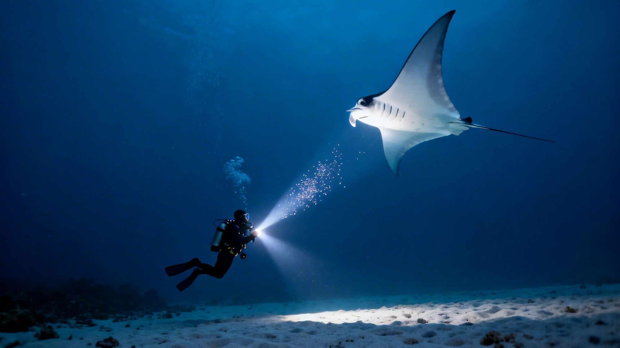 Diver with flashlight illuminating a manta ray underwater.